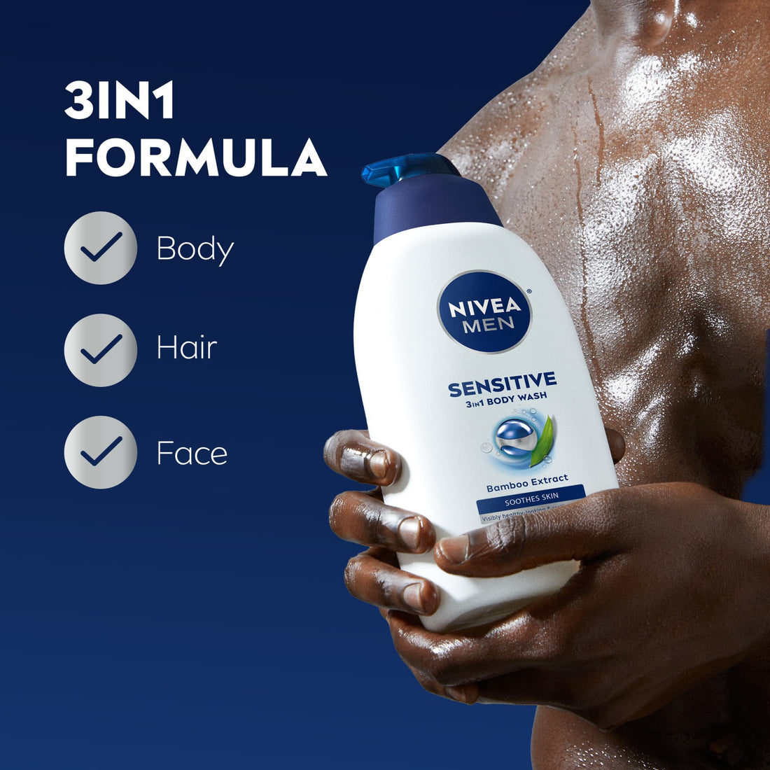 NIVEA MEN Sensitive Body Wash with Bamboo Extract, Moisturizing Body Wash for Sensitive Skin, Soap Free Shower Gel for Men with No Drying Alcohol, 30 Fl Oz Bottle