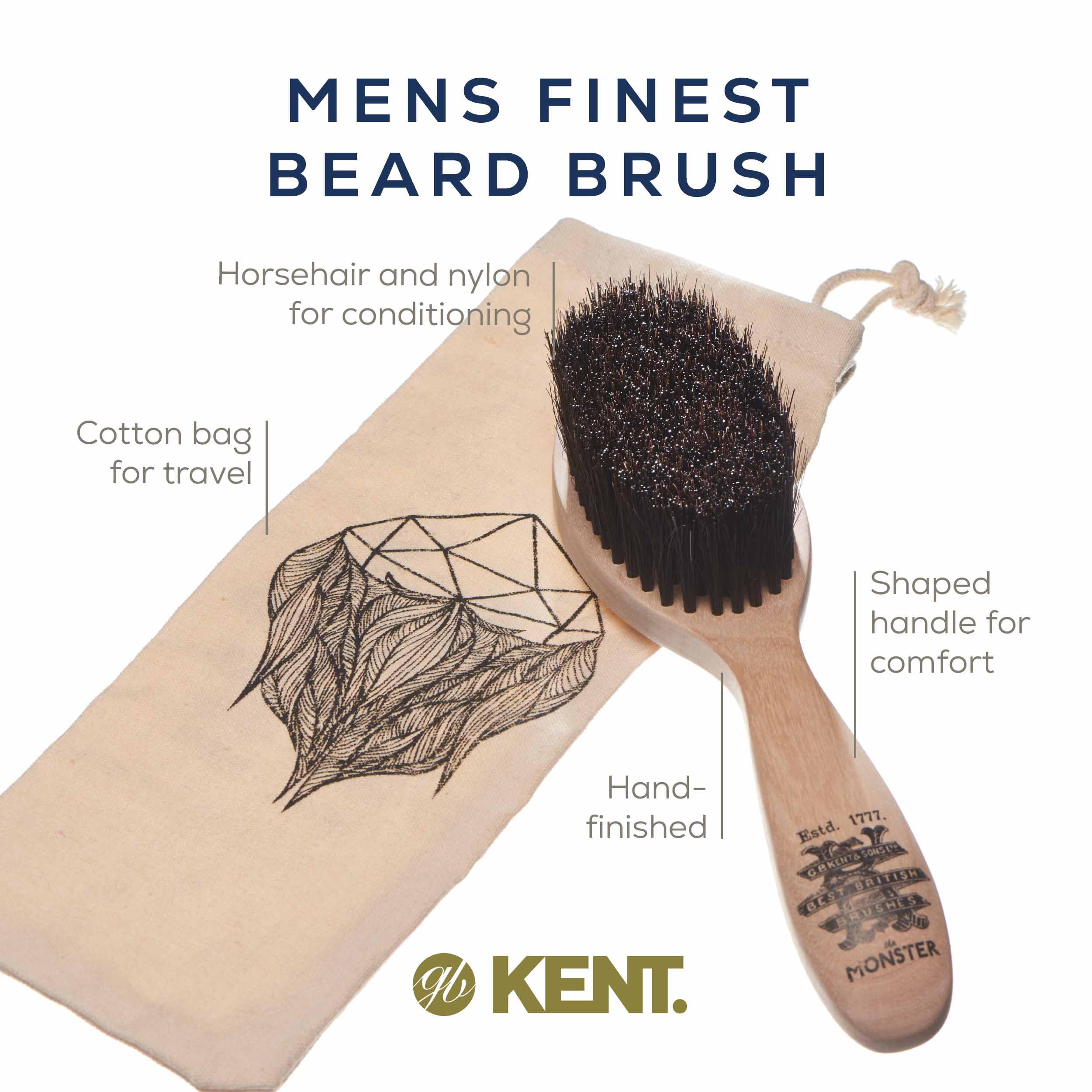 Kent BRD5 Monster Beard Brush - The Softest Men& Mustache and Beard Brush. Hand Blended Horse Hair and Nylon Bristles for Shaping, Grooming and Styling. Perfect Gift for Men. For Home or Travel.