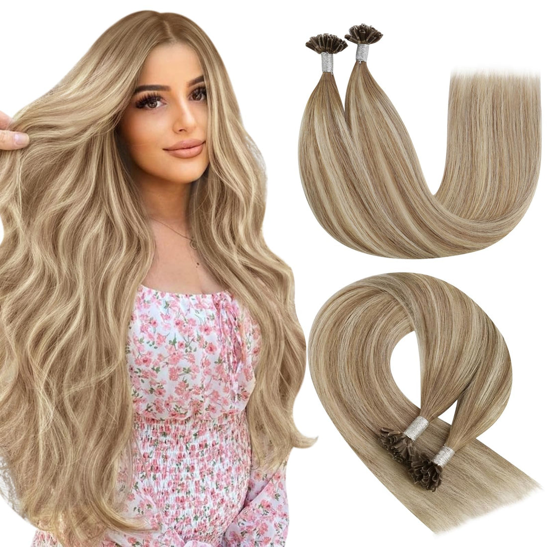 20, Medium Brown Mixed With Blonde: Youngsee 20 Balayage U Tip Hair Extensions Pre Bonded Human Hair Ombre Brown Mixed With Blonde Silk Straight Remy U-Tip Hair Extensions 50