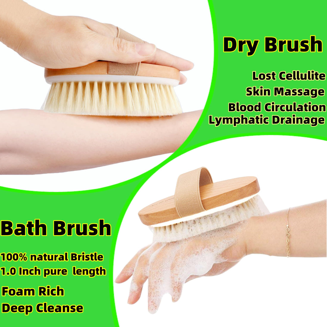 (1.0 inch Bristle Pure Length) Dry Brushing Body Brush for Lymphatic Drainage for Cellulite 100% Natural bristles Bath Brush Shower Scrubber for Body Scrubber Shower Brush for Body