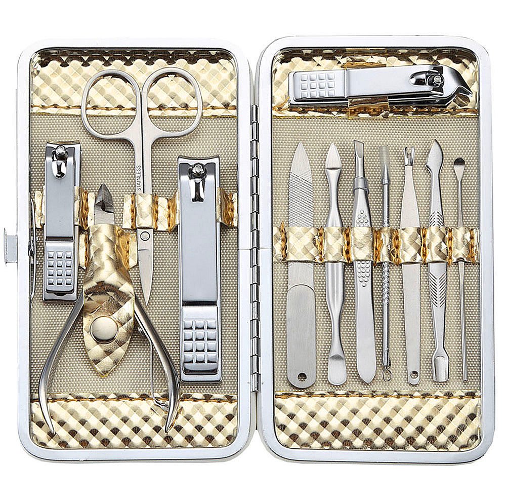 Keiby Citom Professional Stainless Steel Nail Clipper Travel & Grooming Kit - High Quality Nail Tools Manicure & Pedicure Set of 12pcs with Luxurious Case(Gold)