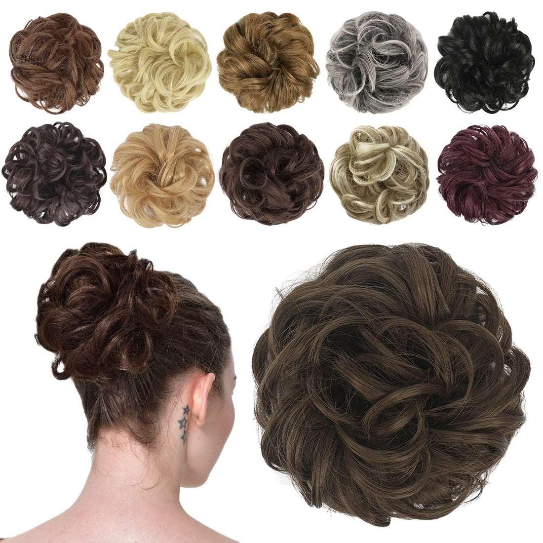 FESHFEN Messy Bun Hair Piece - Elastic Wavy Curly Hair Bun Scrunchies Extensions Synthetic Chignon Hairpieces for Women Girls, Medium Brown 1 PCS