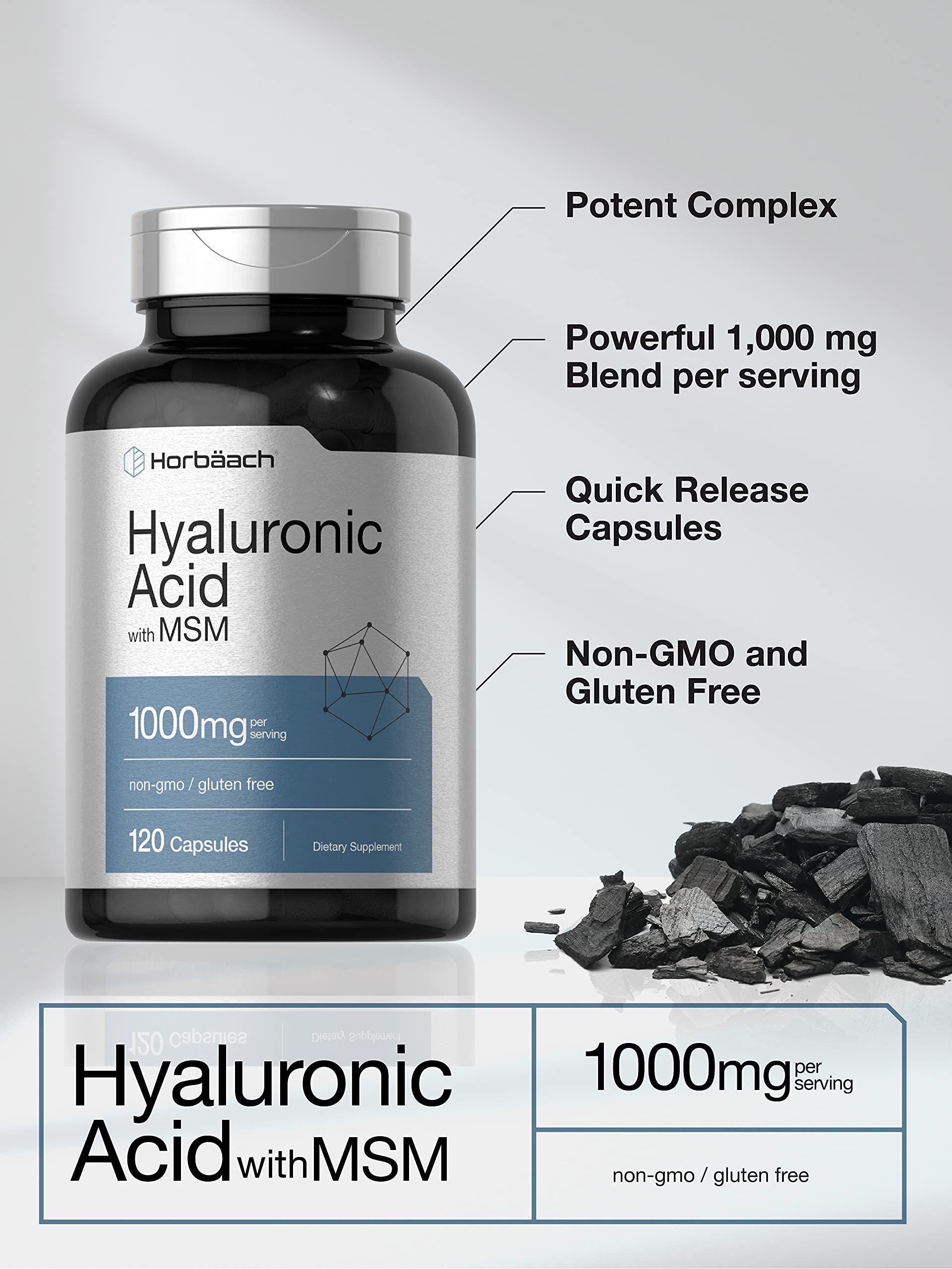 Horbäach Hyaluronic Acid with MSM | 1000 mg | 120 Capsules | Non-GMO and Gluten Free Supplement | Bioavailable Formula