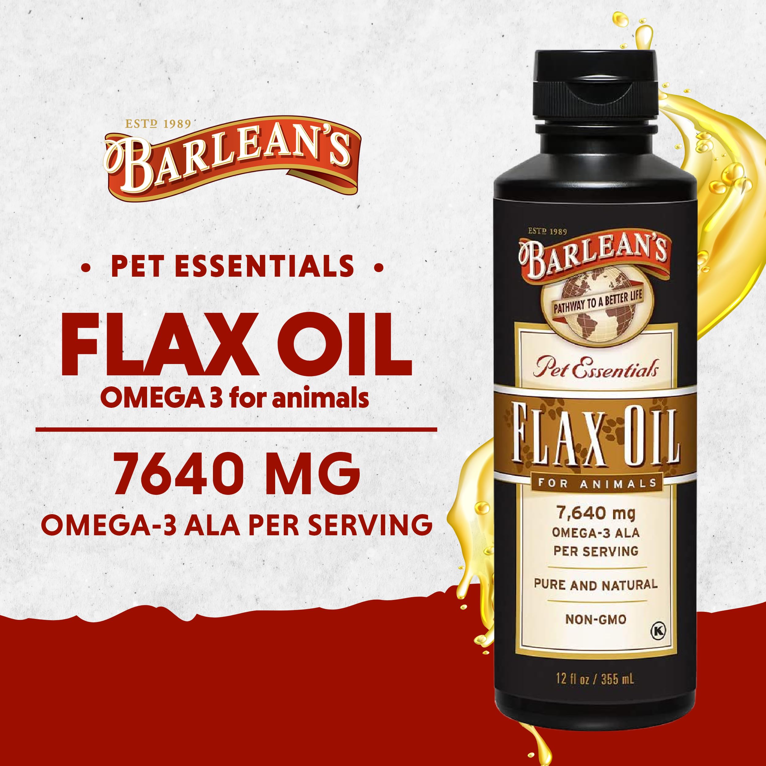 Barlean's Flaxseed Oil for Animals, Pet Essential Liquid Omega 3 Fatty Acids Cat and Dog Oil Supplements for Skin and Coat, Omega 3 for Dogs, Cats and Other Pets, 12 oz