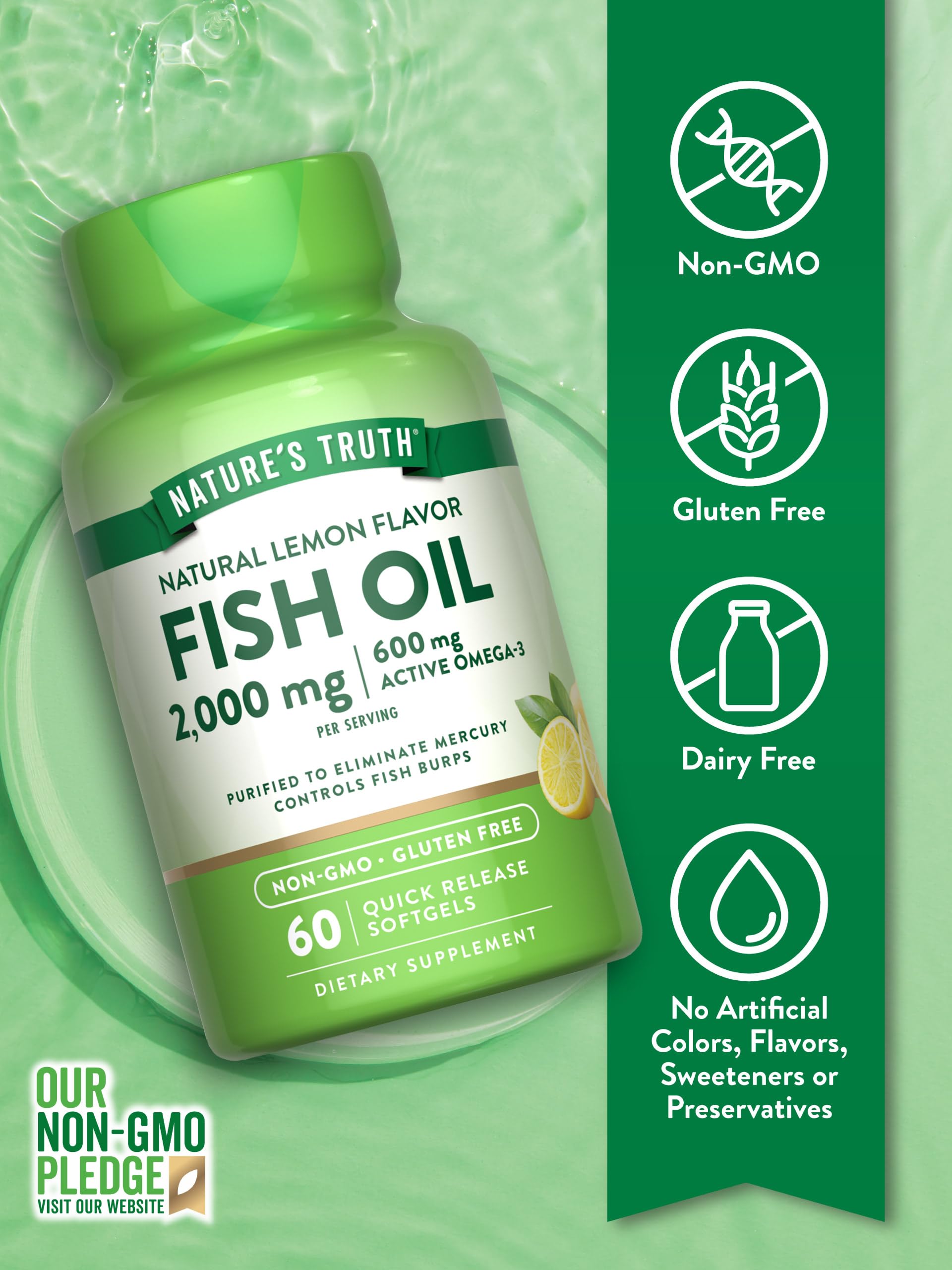 Nature's Truth Fish Oil 2000mg | 60 Softgels | EPA & DHA | 600mg Active Omega-3 | Natural Lemon Flavor | Non-GMO and Gluten Free Supplement