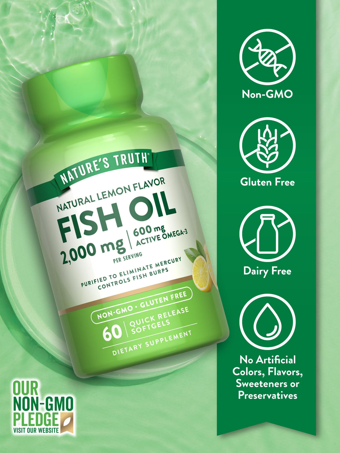 Nature's Truth Fish Oil 2000mg | 60 Softgels | EPA & DHA | 600mg Active Omega-3 | Natural Lemon Flavor | Non-GMO and Gluten Free Supplement