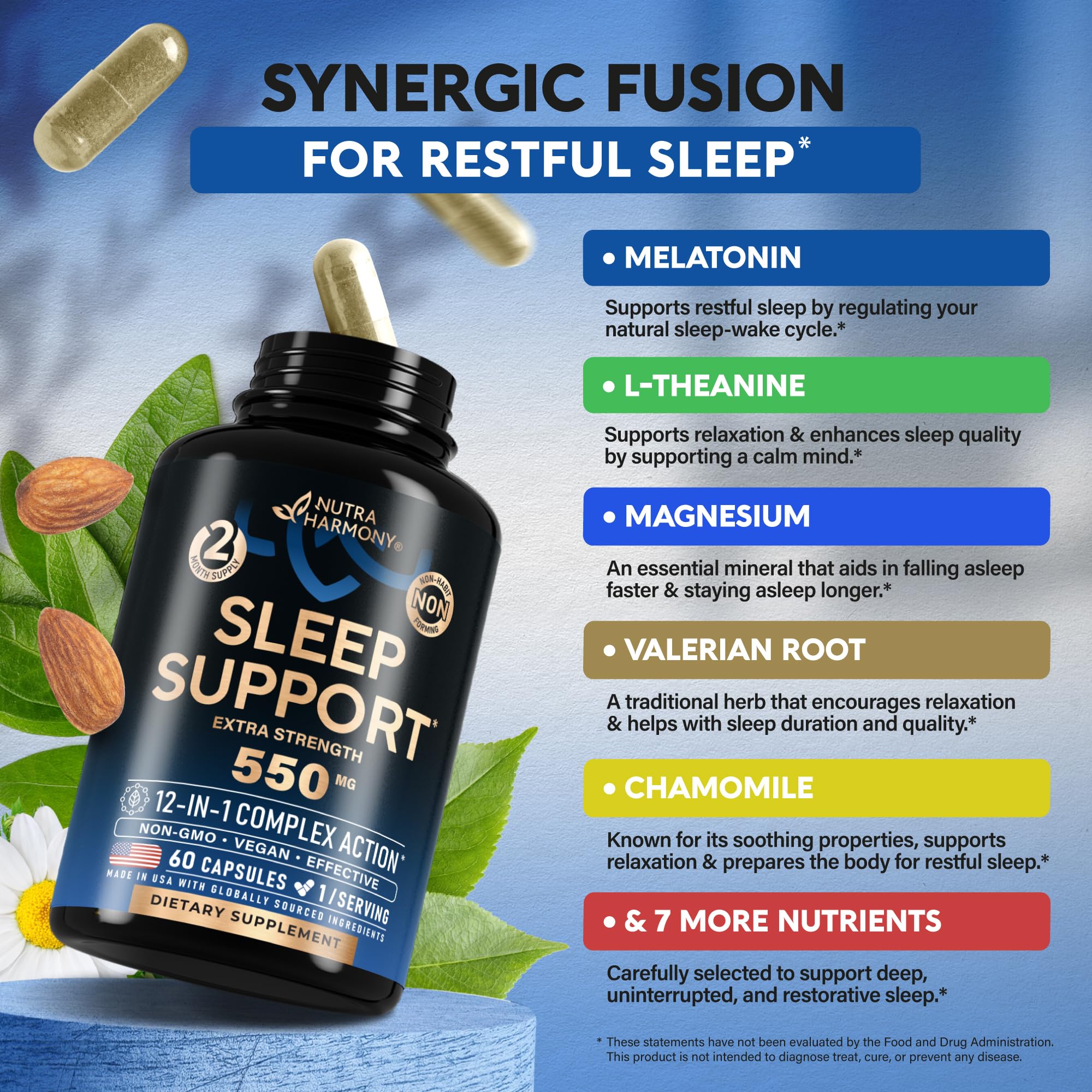 Sleeping Pills for Adults 550mg - Valerian Root for Sleep | Melatonin 3mg | L-Theanine | Magnesium - Natural Sleep Aid Supplement - Non-Habit Forming Rest Support - Made in USA - 1/Day | 60 Capsules