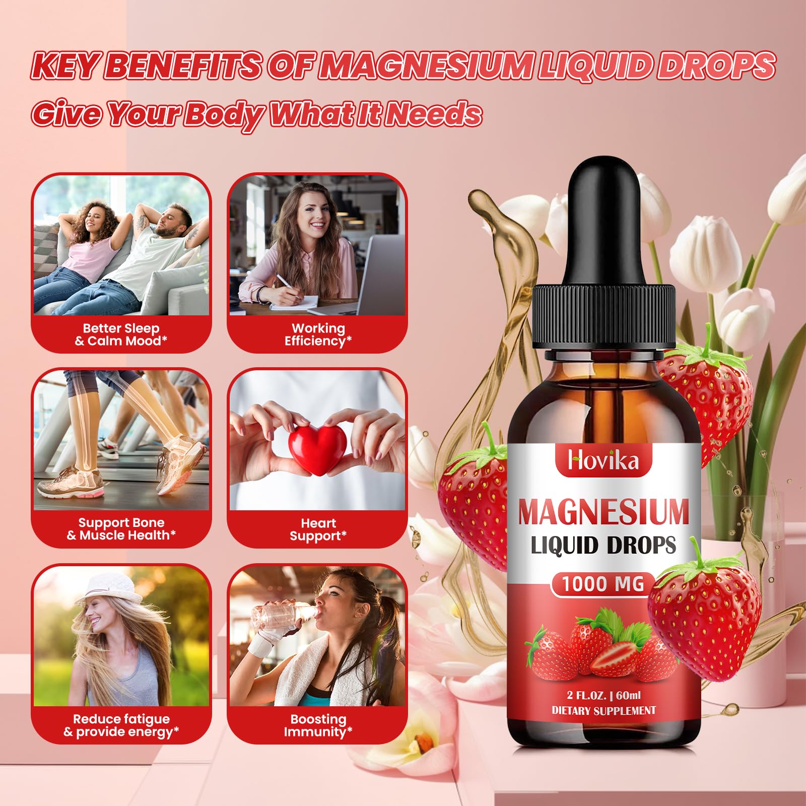 Magnesium Glycinate Liquid Drop with Citrate, Malate and Taurate, Calm Magnesium Supplement with Calcium, Potassium, Zinc, CoQ10, D3, B6, B12 for Relax Mood, Muscle, Energy- Strawberry Flavor, 2 Fl Oz