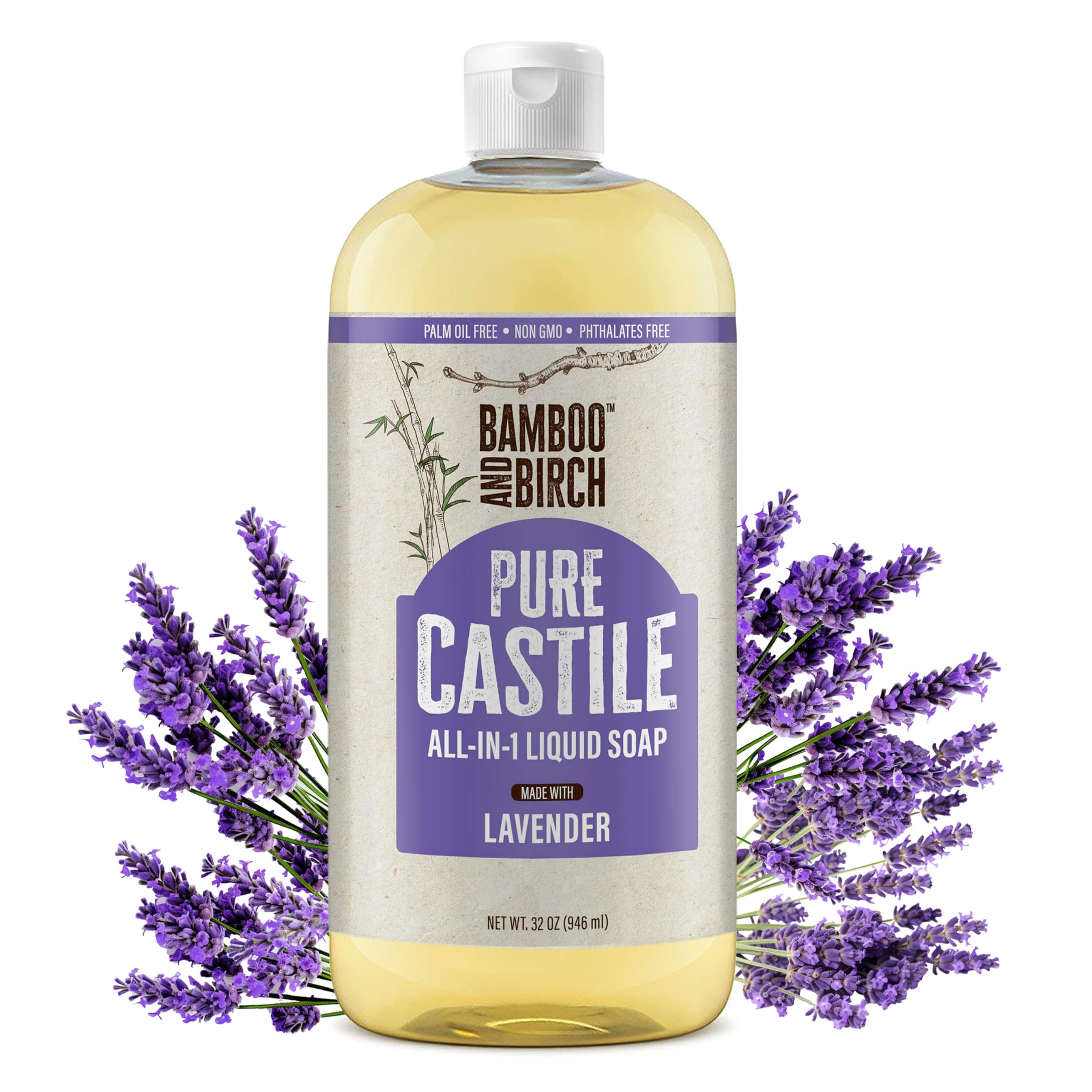 BAMBOO AND BIRCH Pure Castile Soap Liquid Organic, Certified Palm Oil Free Natural Soap, Lavender, 32 oz