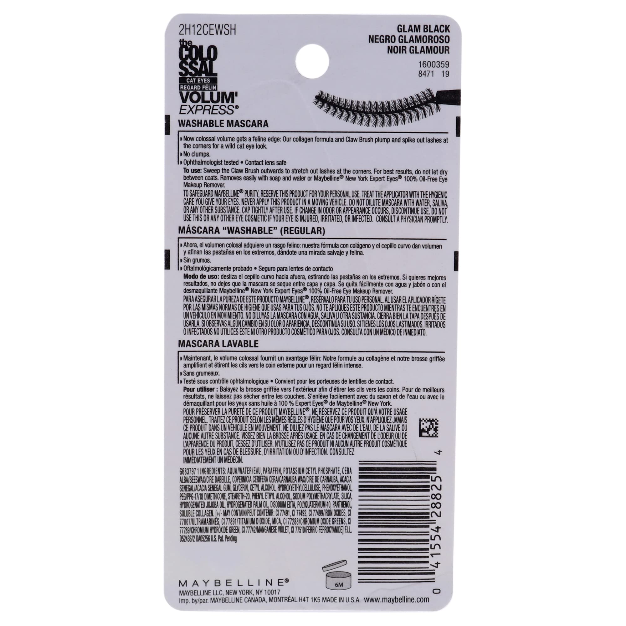 Maybelline New York Volume Express Colossal Cat Eyes Washable Mascara, Glam Black, 0.31 Fl Oz