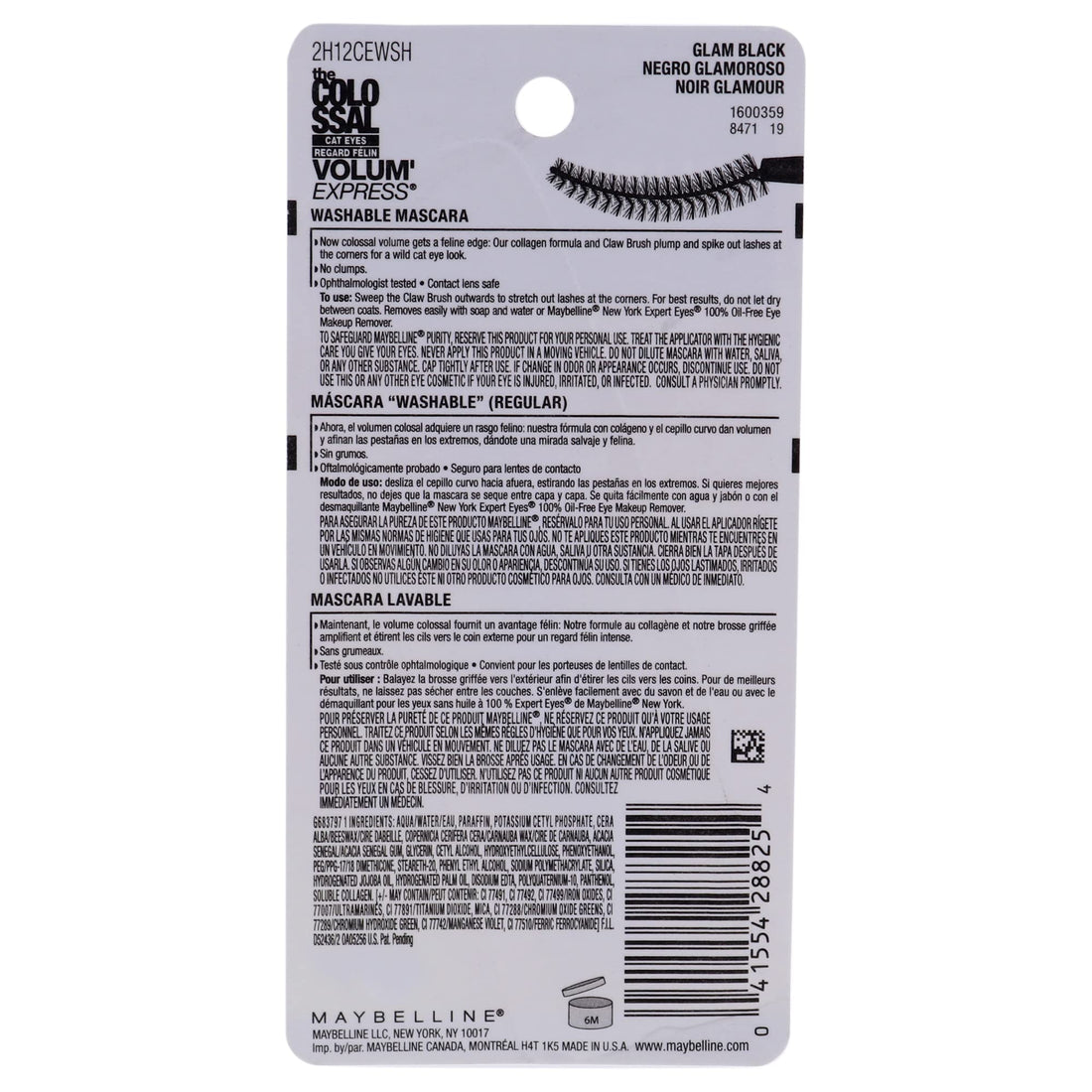 Maybelline New York Volume Express Colossal Cat Eyes Washable Mascara, Glam Black, 0.31 Fl Oz