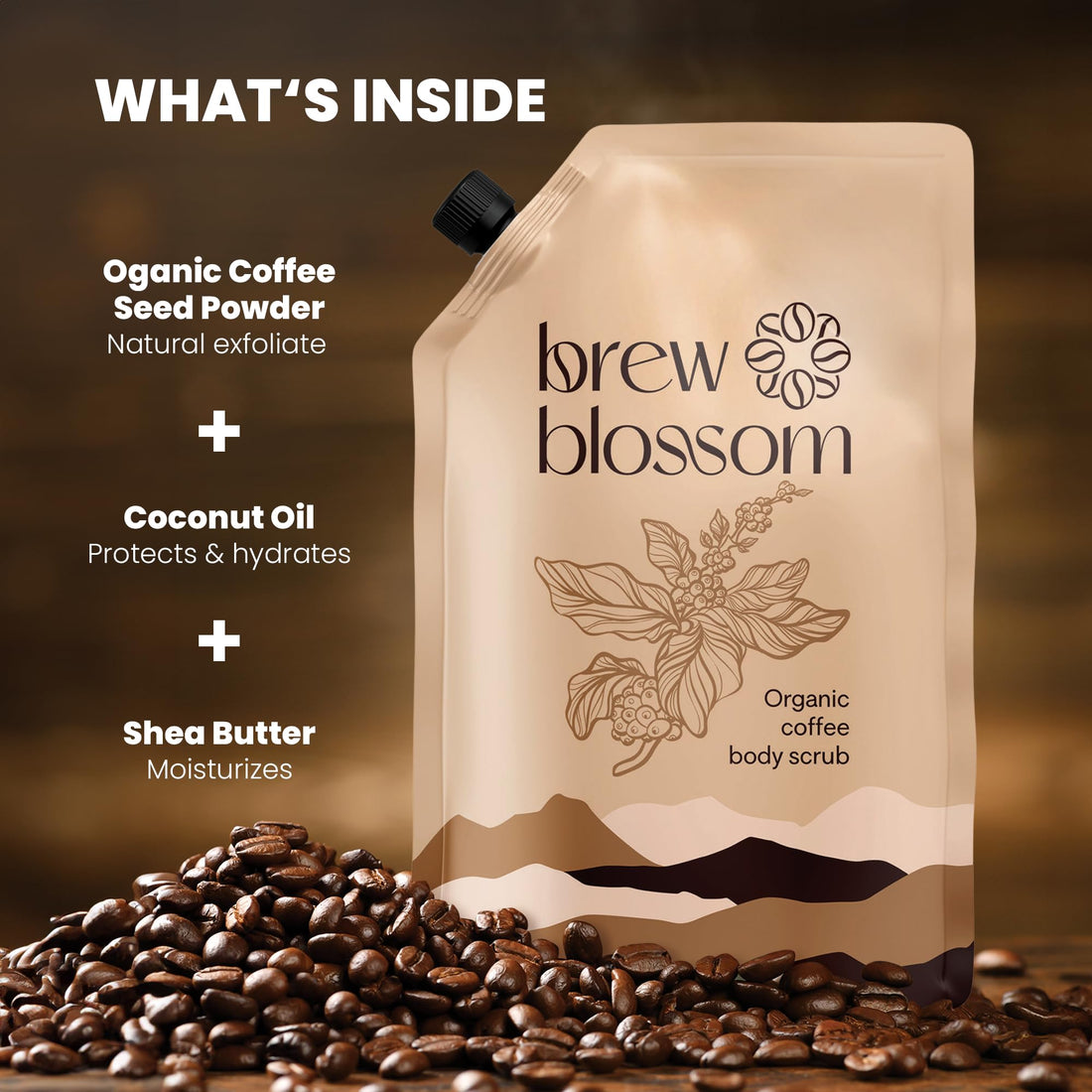Brewblossom Organic Robusta Coffee Body Scrub 8 oz with Coconut Oil & Shea Butter - Moisturizing and Exfoliating Body, Face, Hand, Foot Scrub - Cellulite, Fight Stretch Mark, Fine Line, Wrinkle