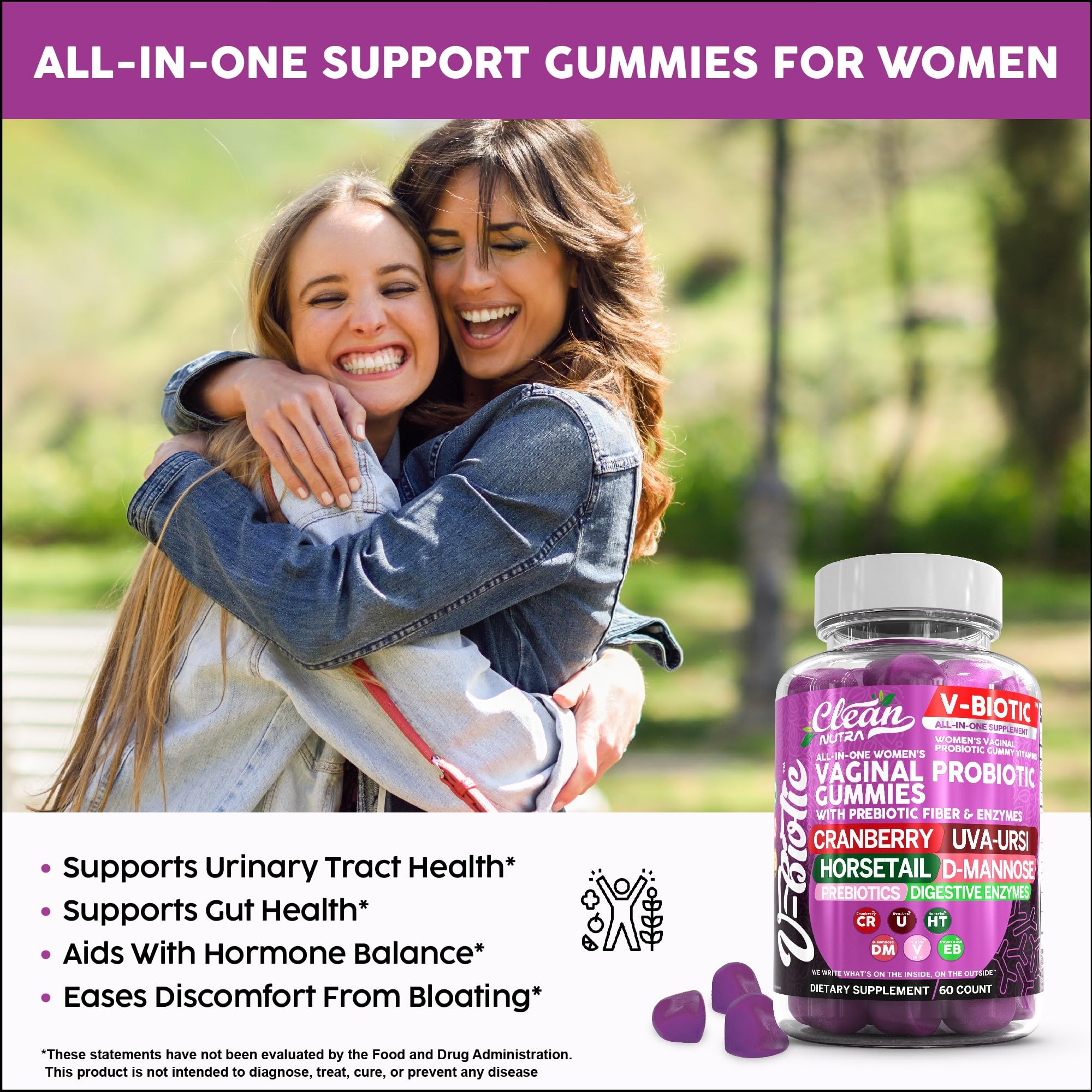 Clean Nutraceuticals Vaginal Probiotics for Women Gummies with Cranberry, Uva Ursi, Horsetail, D-Mannose, Prebiotics & Digestive Enzymes, Vaginal Health Supplement for pH Balance Flora Odor VBiotic