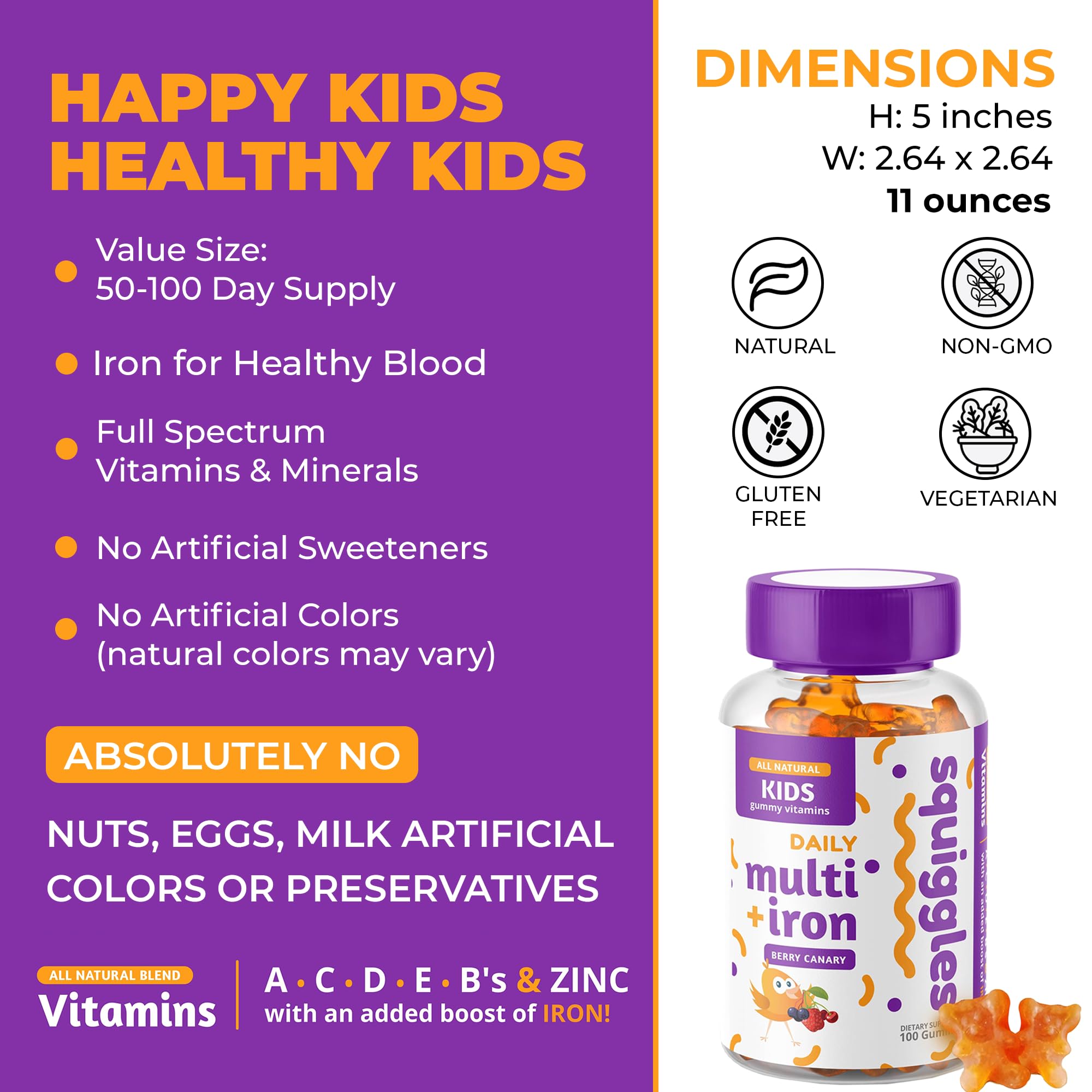 Squiggles Kids Multivitamin + Iron Gummies - Low Sugar Gummy Vitamins with Iron Supplements for Kids - Broad Spectrum of Vitamins and Minerals, Chewy, Yummy Berry Flavor (100 Count)