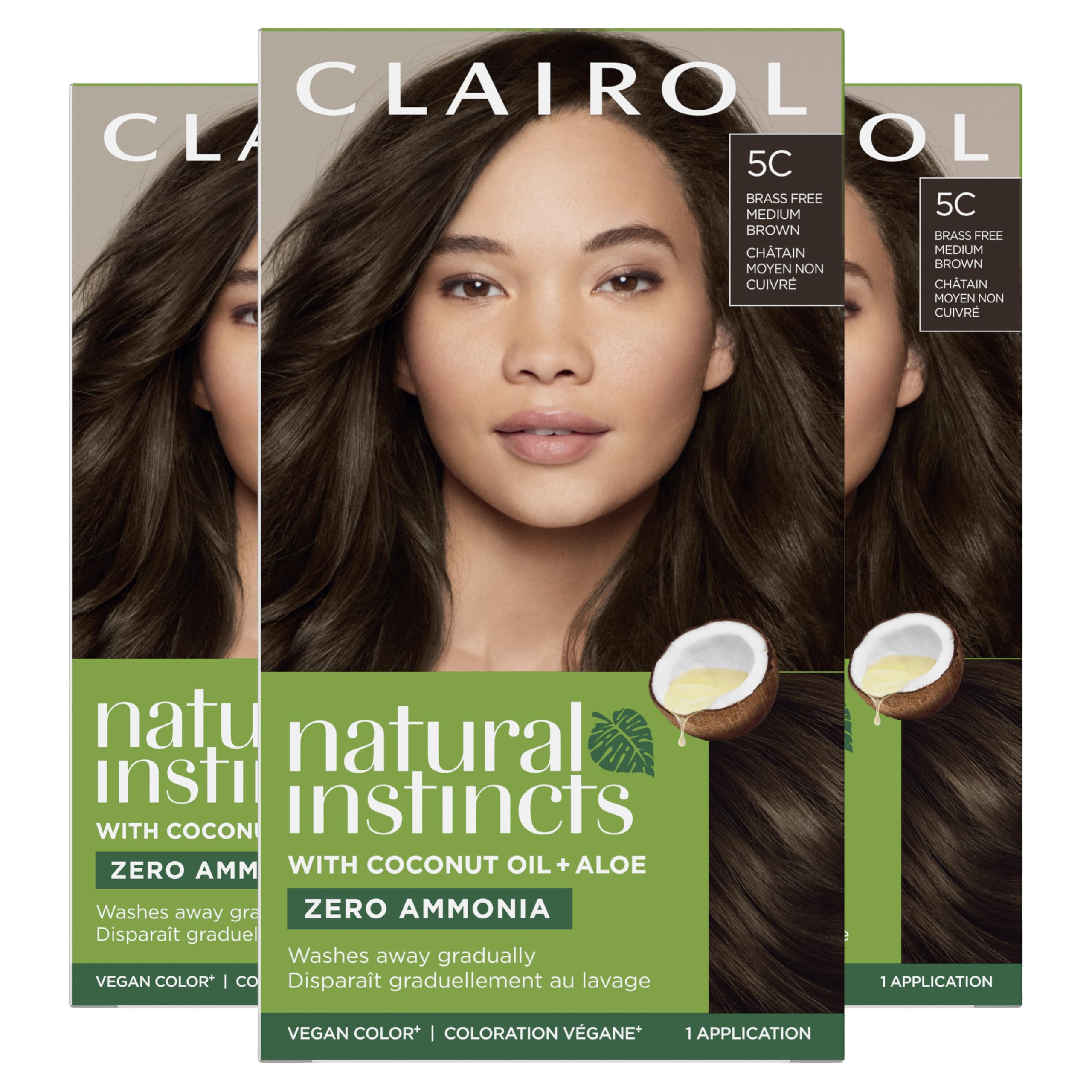Clairol Natural instincts Permanent Hair Color, 5C Brass Free Medium Brown, Peppercorn, Pack of 3