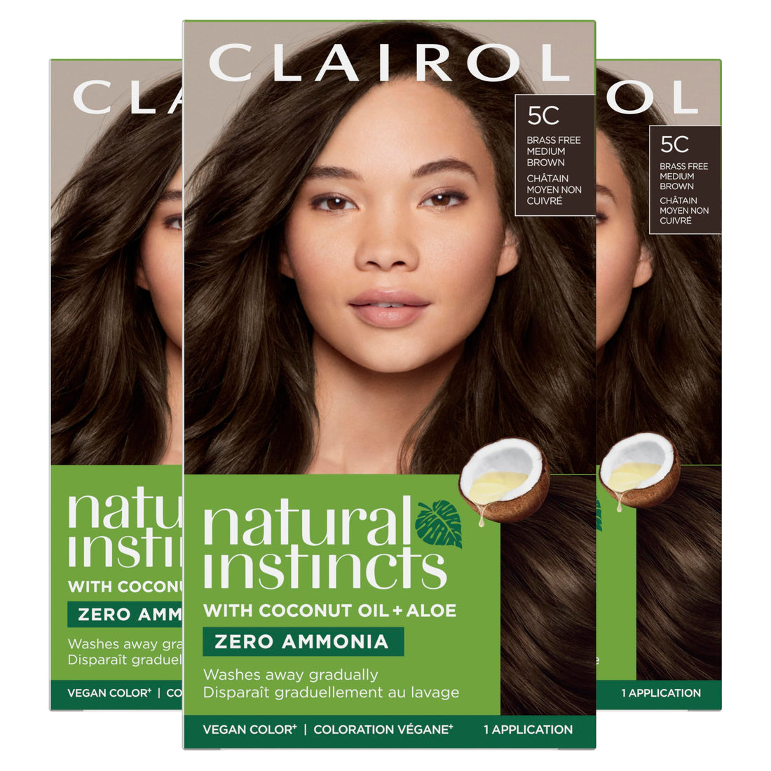 Clairol Natural instincts Permanent Hair Color, 5C Brass Free Medium Brown, Peppercorn, Pack of 3