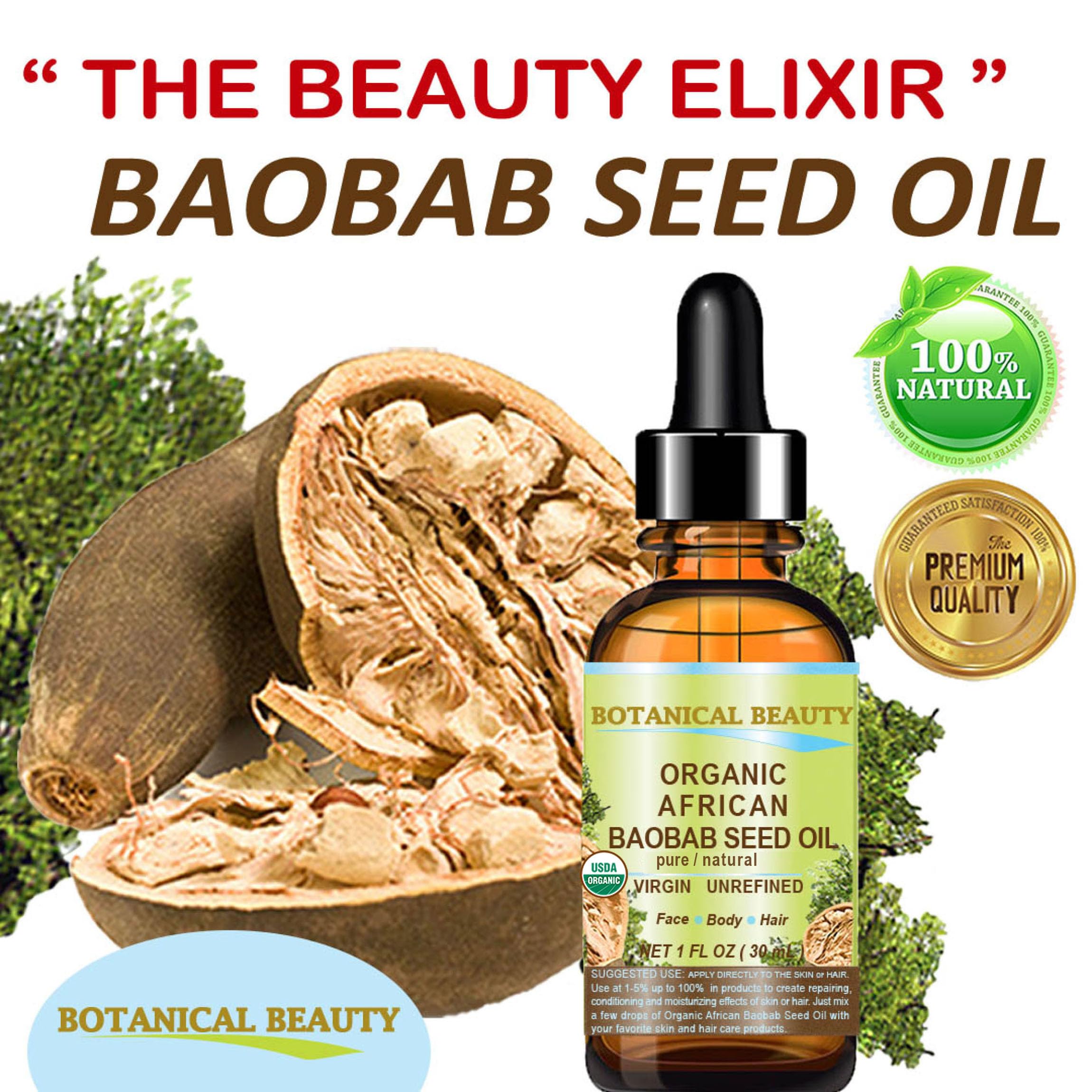 Botanical Beauty Organic BAOBAB SEED OIL 100% Pure Natural Refined Cold-pressed Carrier Oil 0.5 Fl oz 15 ml For Face, Skin, Body, Hair, Lip, Nails. Rich in vitamin C, Vitamin E