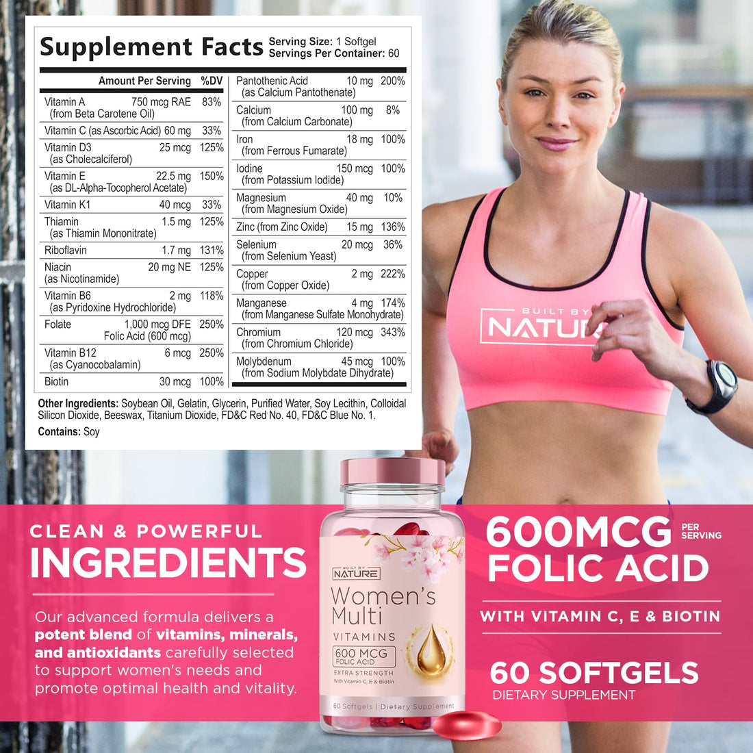 Built by Nature Vitamins for Women – Women's Complete Daily Multivitamin Supplement with A, B, C, D, E, Iron, Calcium, Magnesium and Multi Minerals – Wellness & Immune Health Support - 60 Softgels