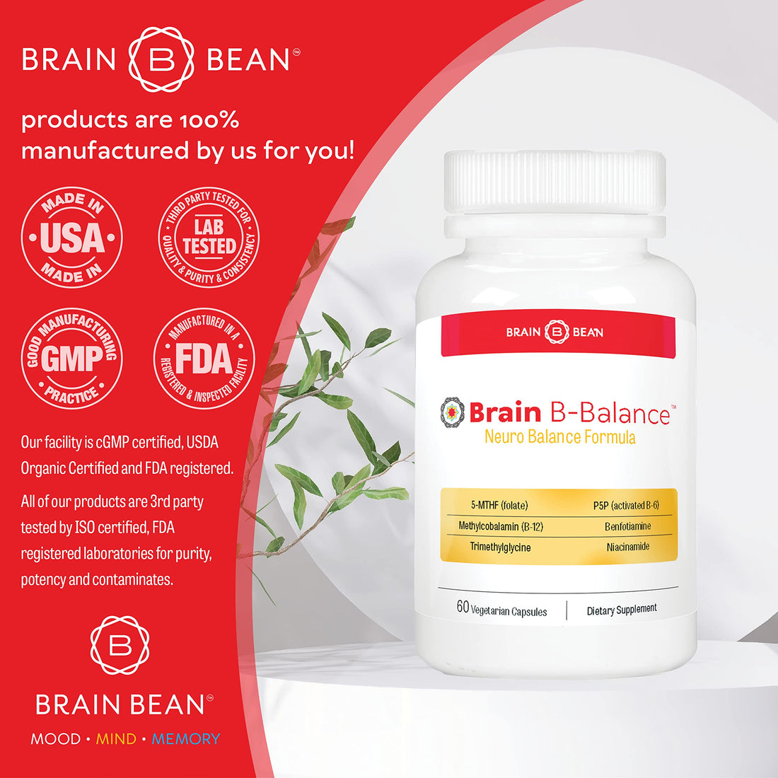 Brain B Balance: Methylated Multivitamin - Methylated B Complex Neurobalance Formula - Methylfolate Supports Mood.Mind.Memory - 60 Vegan Capsules