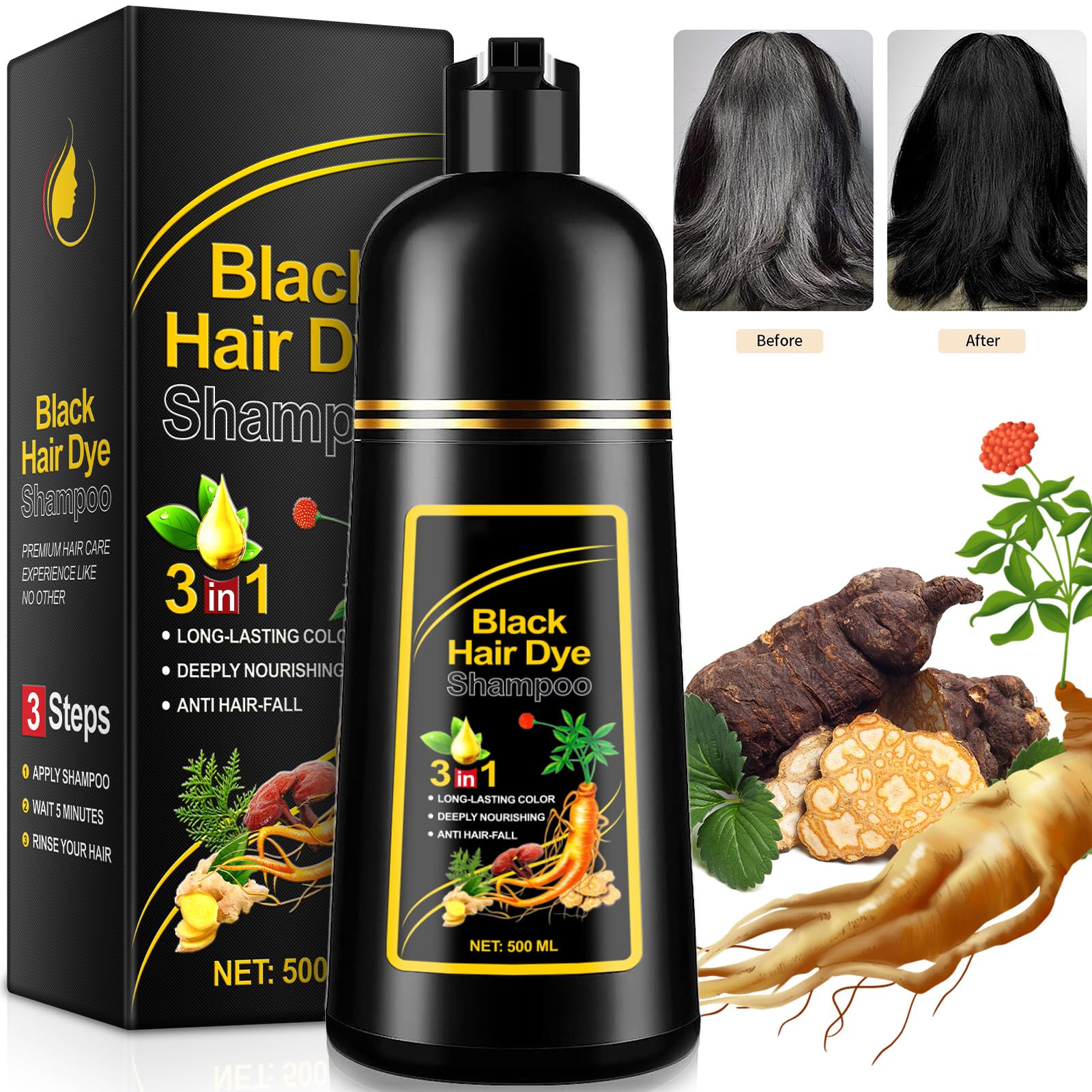 ALIVER Hair Dye Shampoo (Black) - 3-in-1 Natural Herbal Essence: Coloring, Nourishing, and Hair Growth Promoter - 500ml, Hypoallergenic and Harmless for Scalp Care