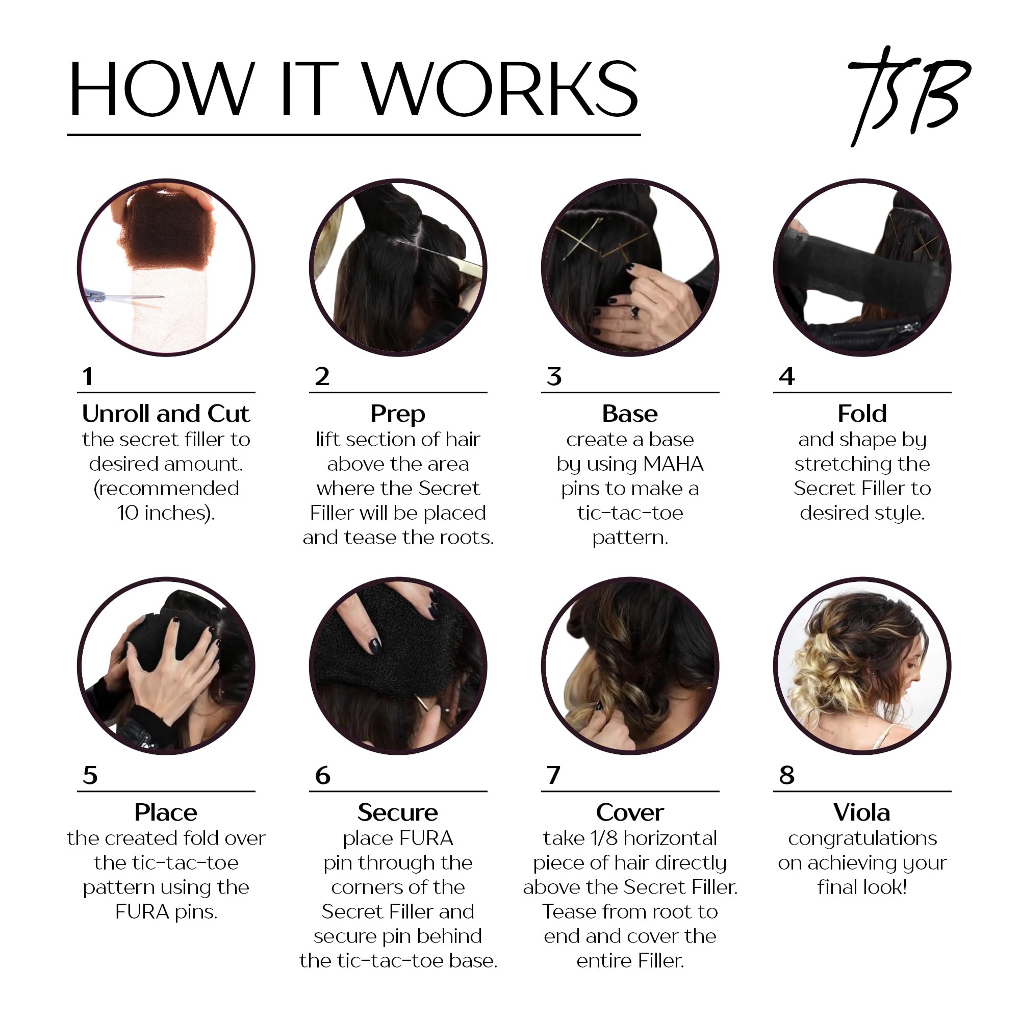 TSB Hair Filler, Brown, 1 Pack - Patent Pending Hair Filler - Ultimate Hair Bun Maker, Volume Hair Bumps Tool - Perfect for Brides, Performers - Non-Irritating, All-Day Hold