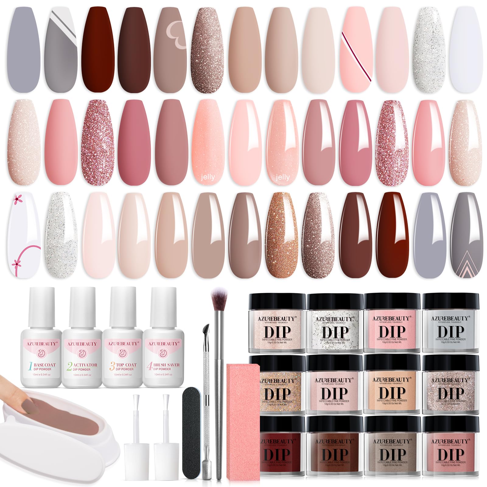 AZUREBEAUTY 29 Pcs Dip Powder Nail Kit Starter, 20 Colors Summer Pastel Pink Red Orange Glitter Acrylic Dipping Powder Liquid Set with Base&Top Coat Activator French Nail Art Manicure DIY Salon Gifts