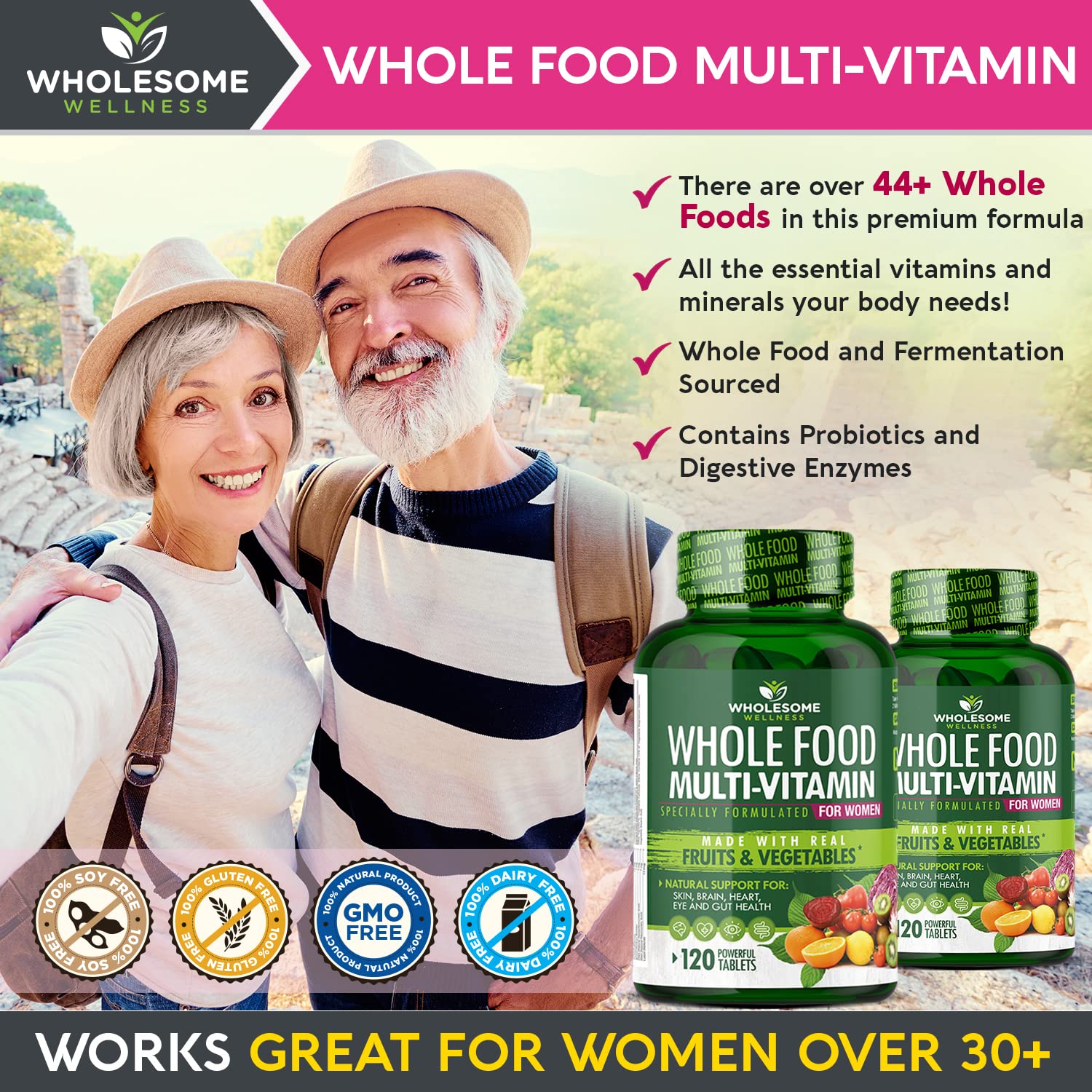Wholesome Wellness Whole Food Multivitamin for Women - Natural Multi Vitamins, Minerals, Organic Extracts - 120 Tablets