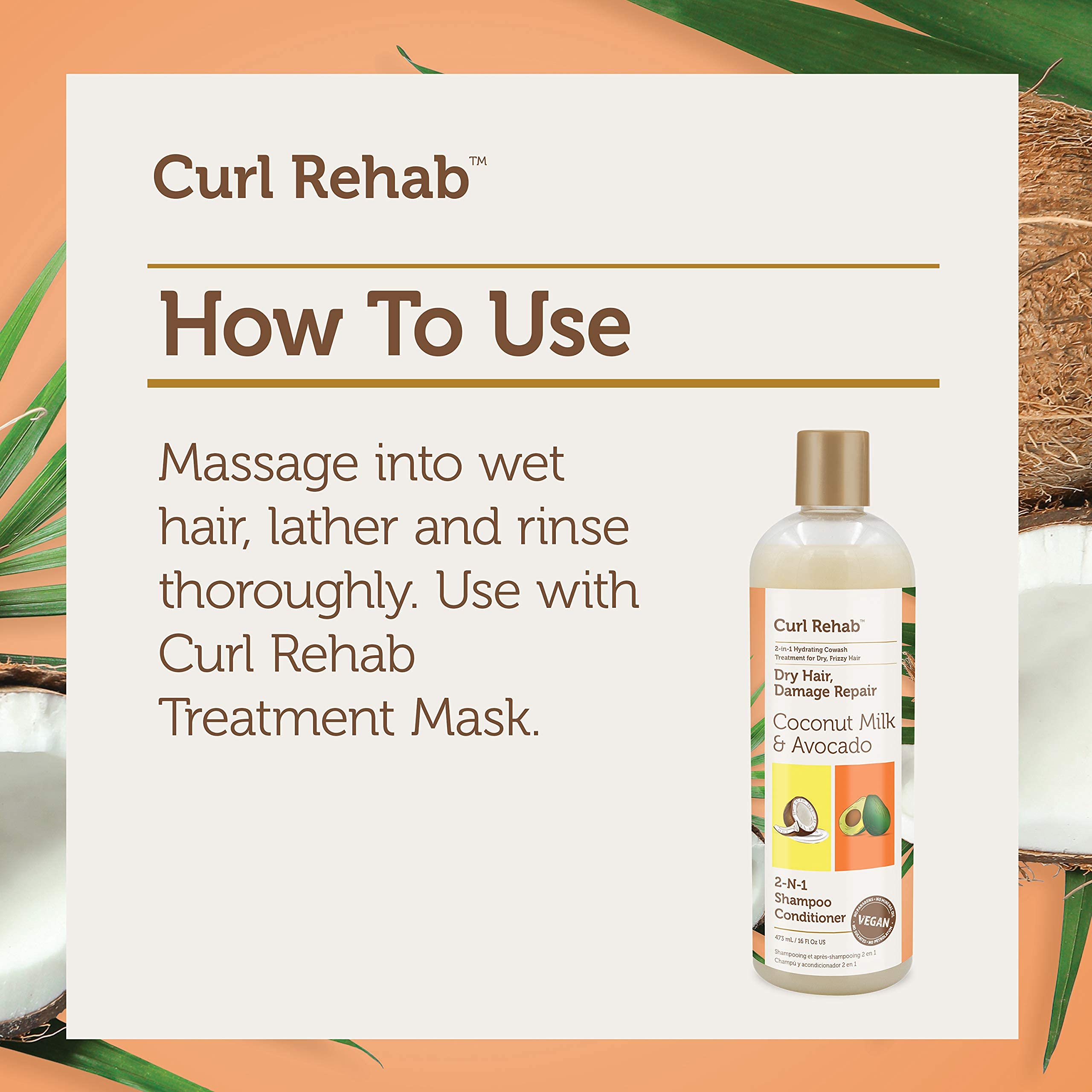 Curl Rehab Dry Hair/Damage Repair Treatment 2 in 1 Shampoo Conditioner, Enriched with Coconut Milk & Avocado, 16 Oz