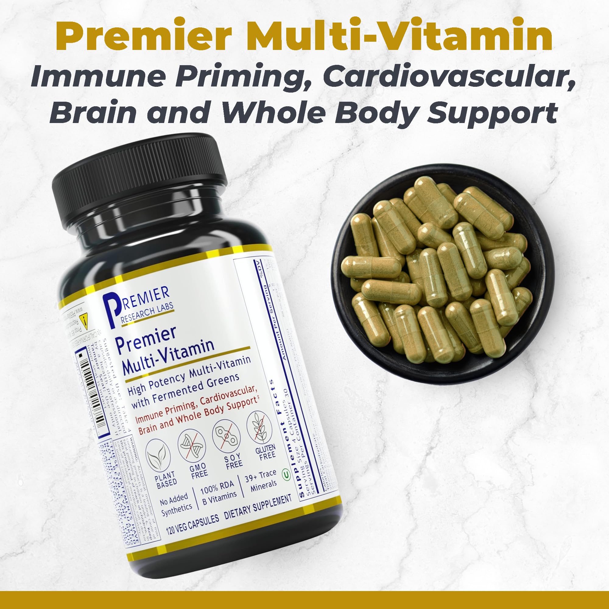 Premier Research Labs Multi-Vitamin: Immune, Brain & Heart Support | with Prebiotics and Postbiotics | Vegan Capsules for Men & Women. Gluten & Soy Free - 120 Plant-Sourced Capsules