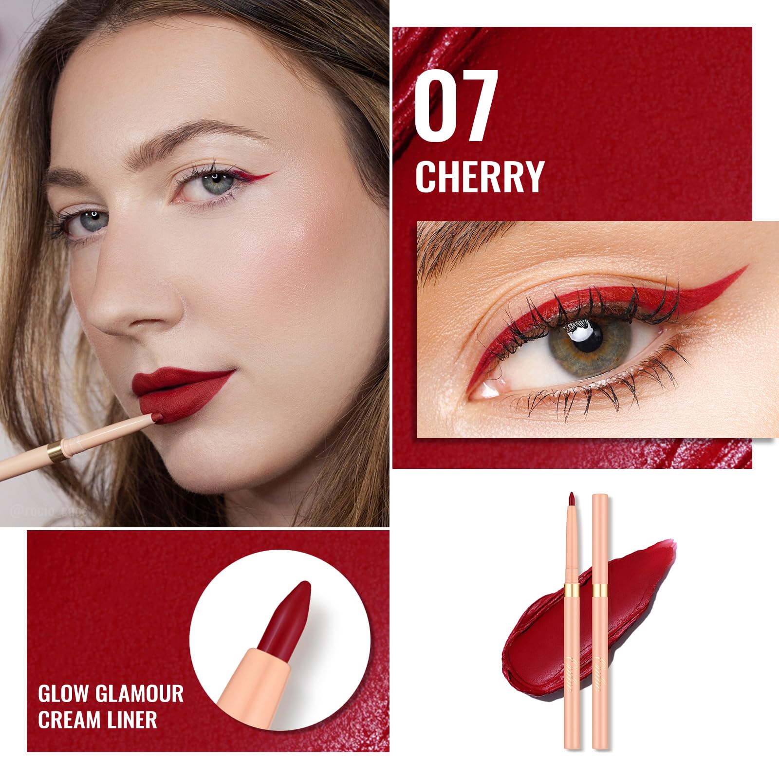 Oulac Red Eyeliner Pencil Retractable 2in1 Waterproof Eye Liner and Lip Liners, Smooth and Creamy, Long Lasting Matte Finish, Vegan & Cruelty-Free, 07 Cherry
