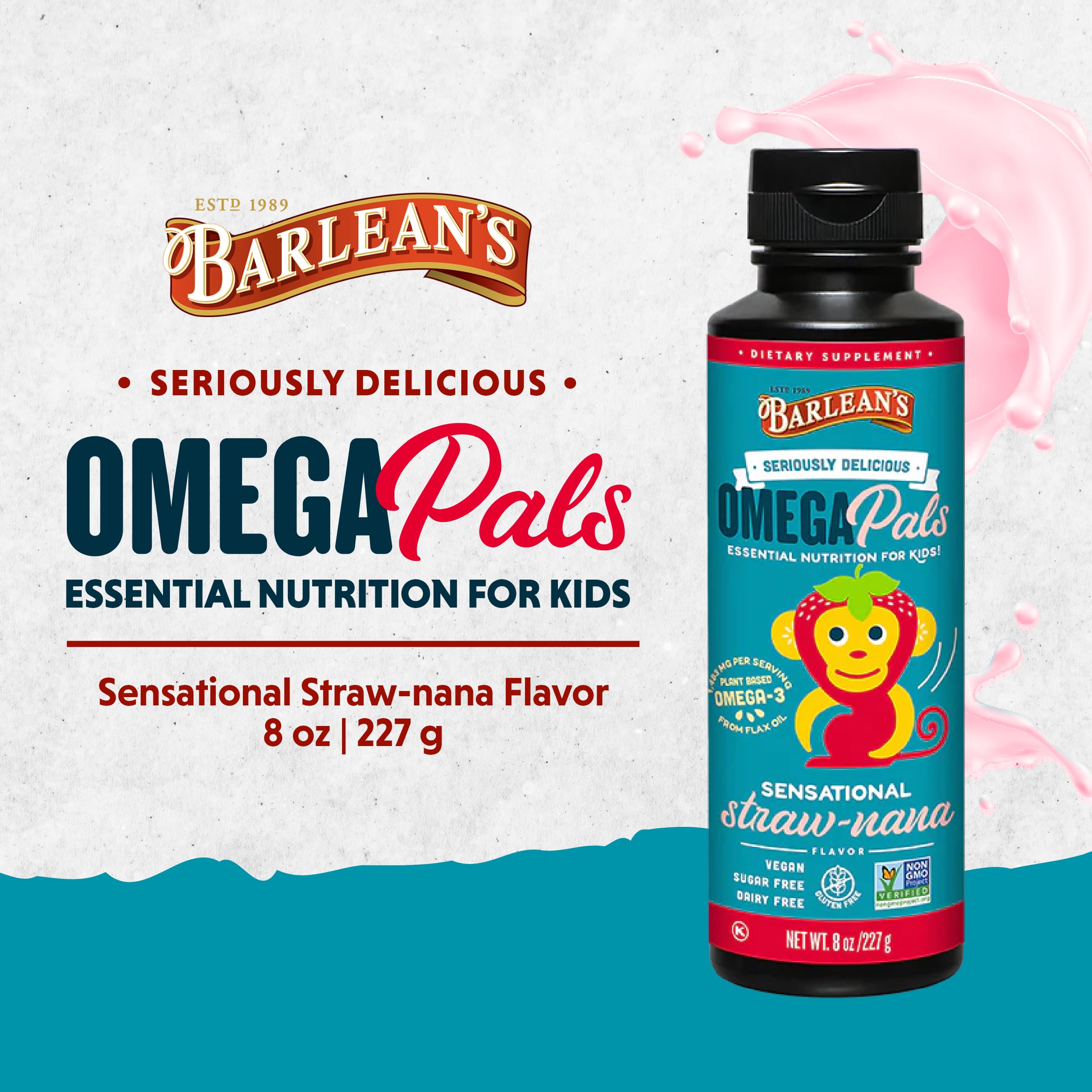 Barlean's Omega Pals Omega 3 for Kids, Yummy Straw-Nana Flavored Children's Liquid Flax Seed Oil Supplement with 1,483 mg ALA, Non-GMO, Vegan Brain and Eye Health, 8 oz