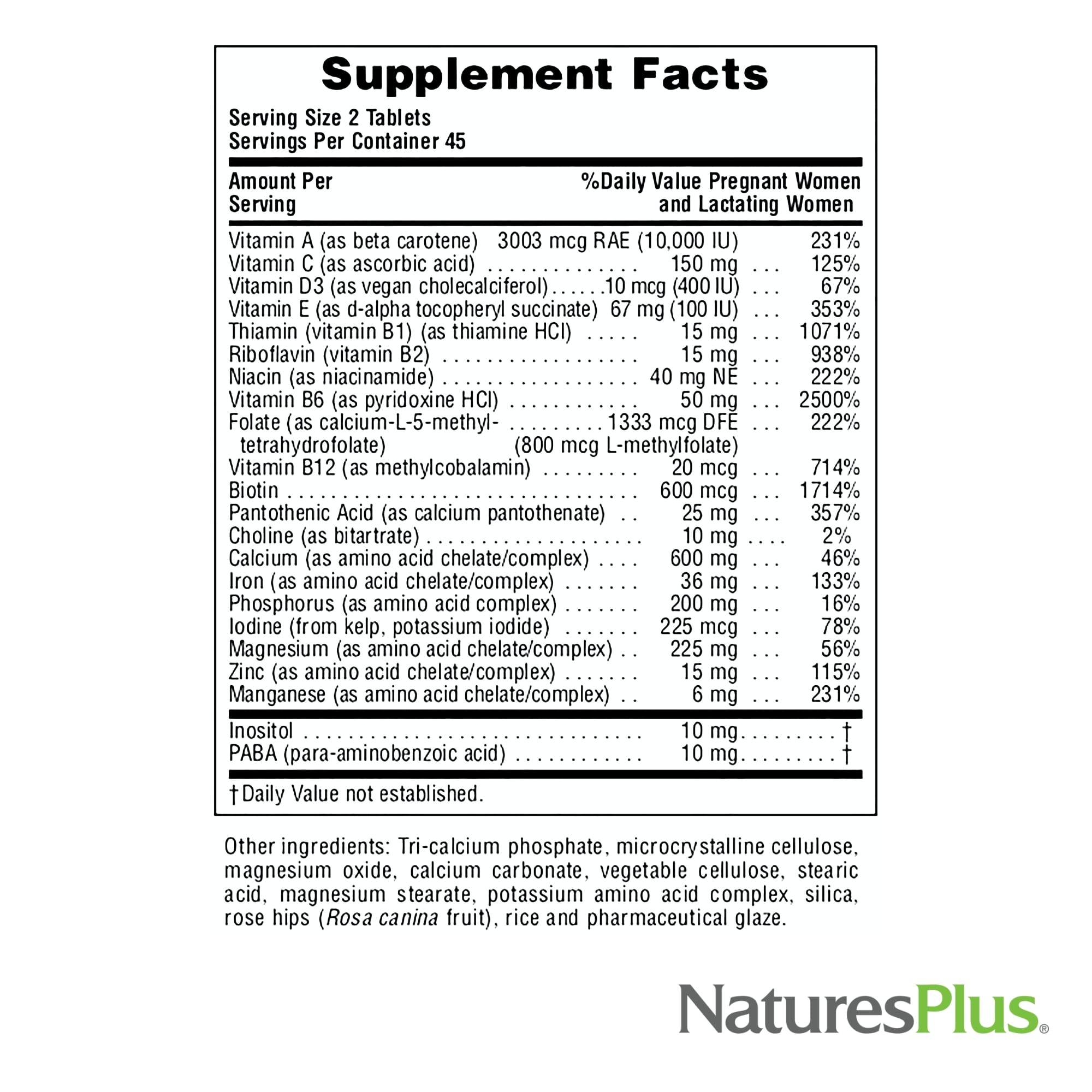 NaturesPlus Ultra Prenatal Multivitamin - 800 mcg Folate, 90 Vegetarian Tablets - Prenatal Supplement with Iron, Iodine, Calcium & B-Complex Vitamins - Gluten-Free - 45 Servings
