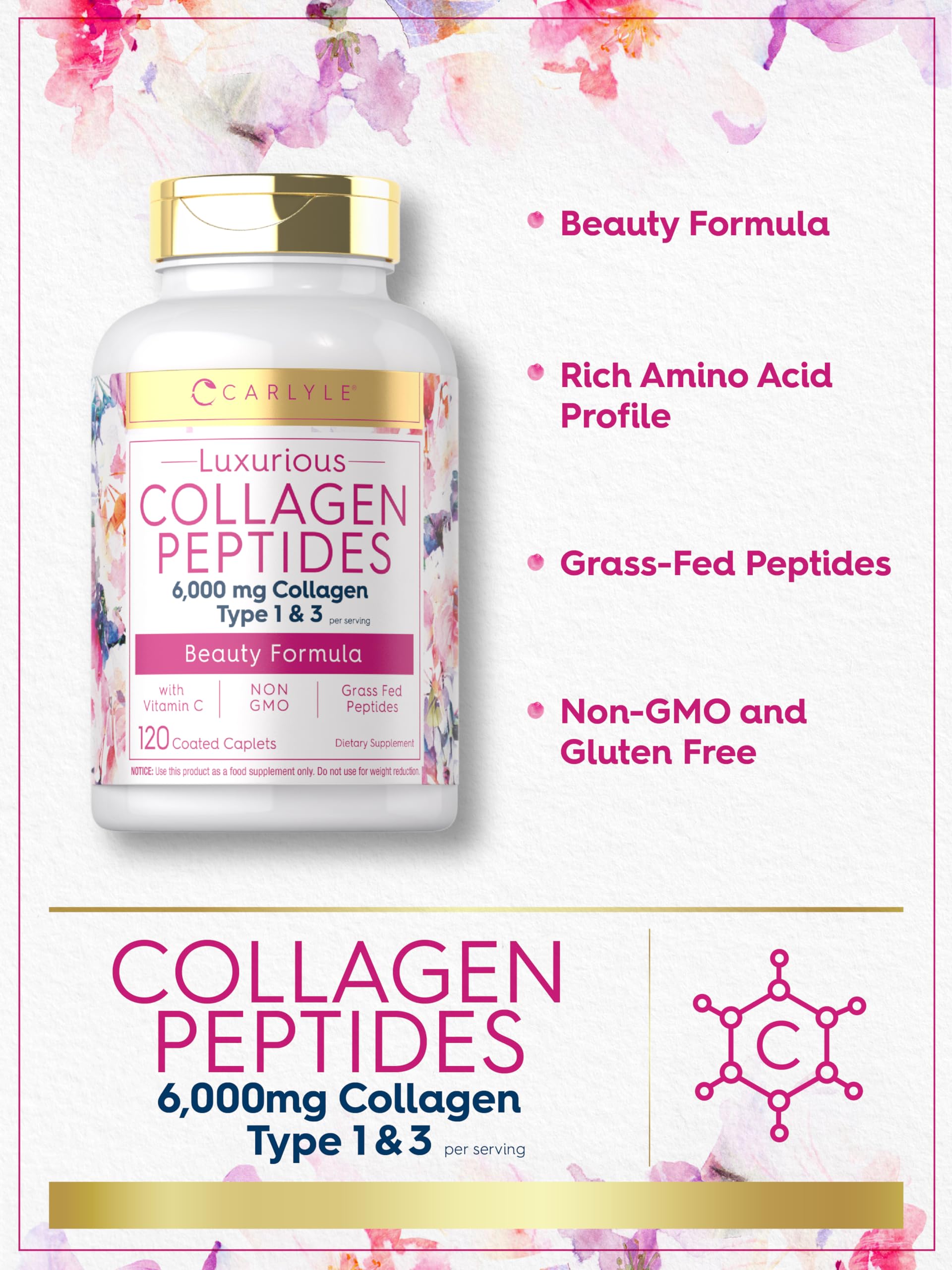Carlyle Collagen with Vitamin C | 6000mg | 120 Caplets | Multi Collagen Peptide Pills | Type 1 and 3 | Non-GMO, Gluten Free, Grass Fed