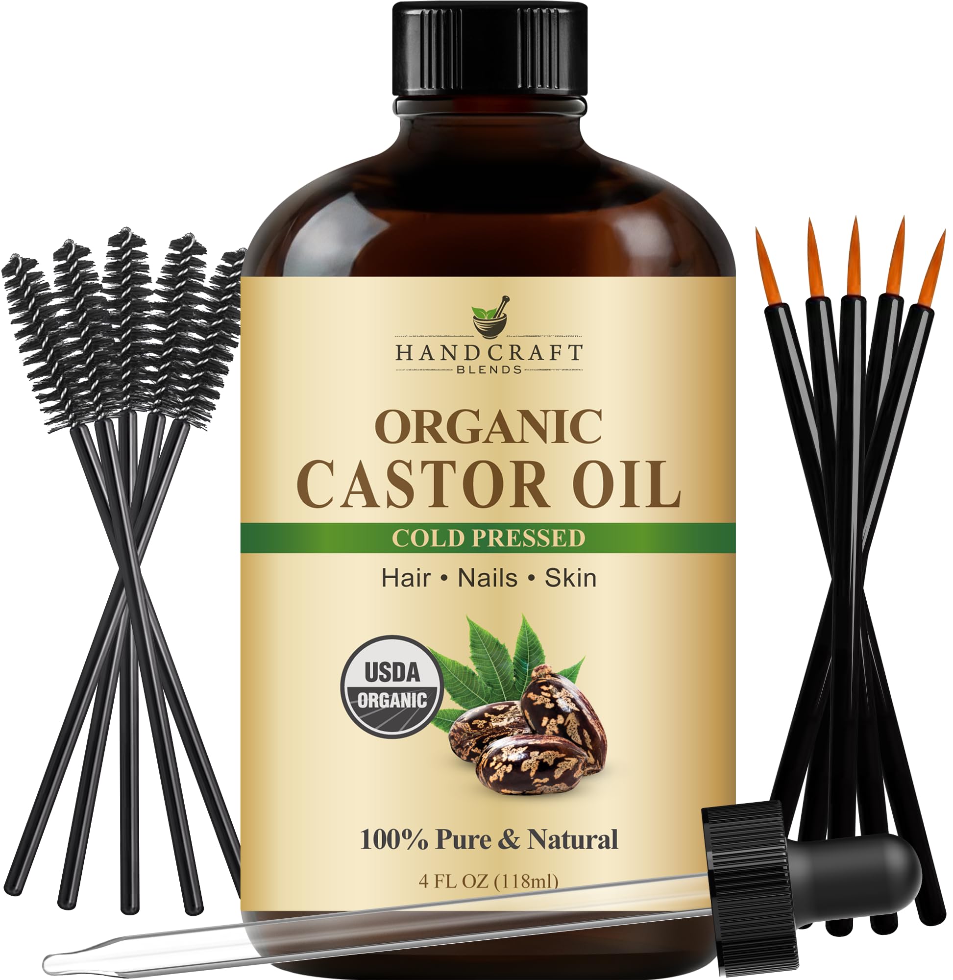 Handcraft Blends Cold-Pressed Organic Castor Oil in Glass Bottle with Lash Brushes - 4 Fl Oz - 100% Pure and Natural - Premium Grade Carrier Oil for Hair Growth, Eyelashes and Eyebrows - Hair and Body
