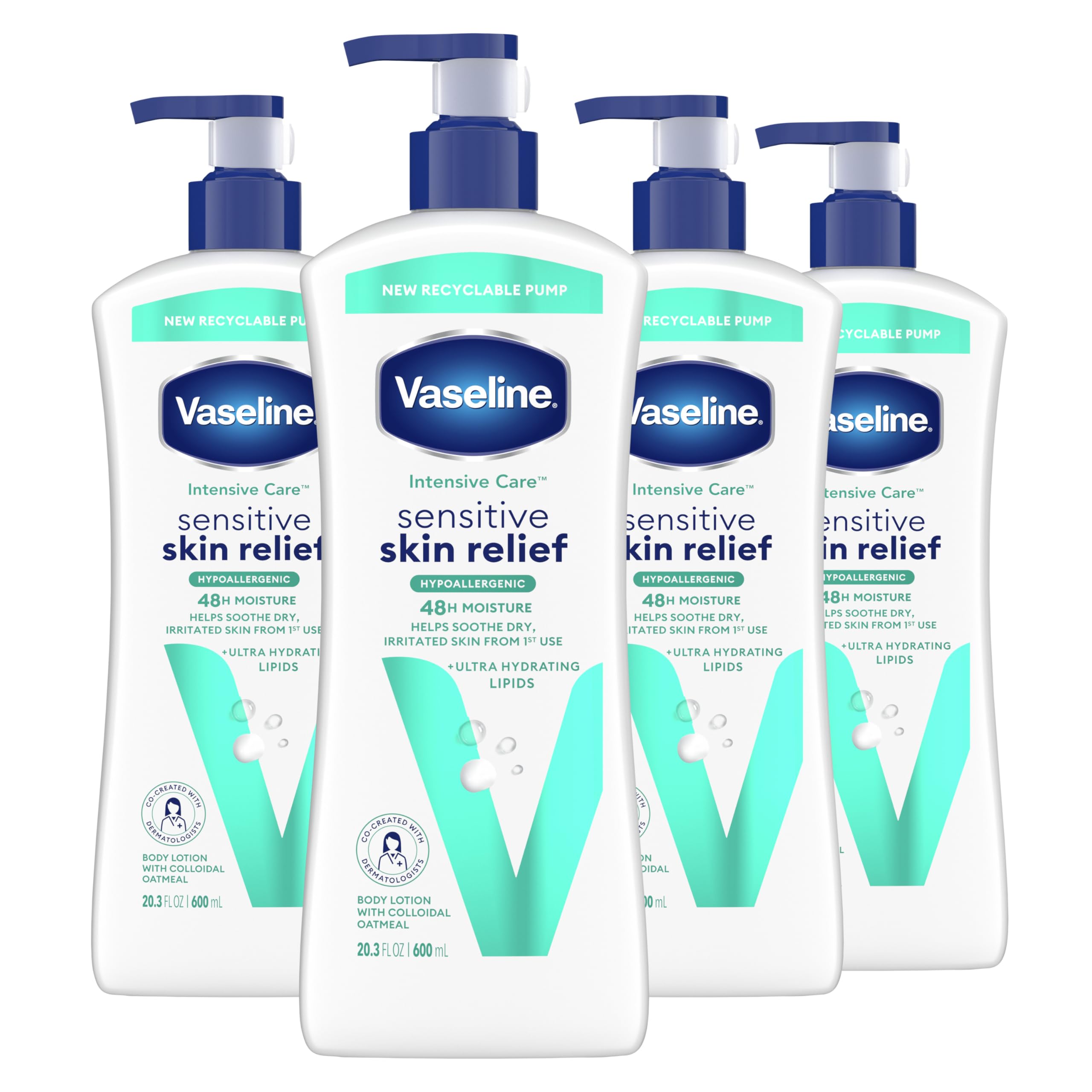 Vaseline Intensive Care Body Lotion 4 Pack Sensitive Skin Relief For Dry Skin With Colloidal Oatmeal and Ultra-Hydrating Lipids 20.3 oz