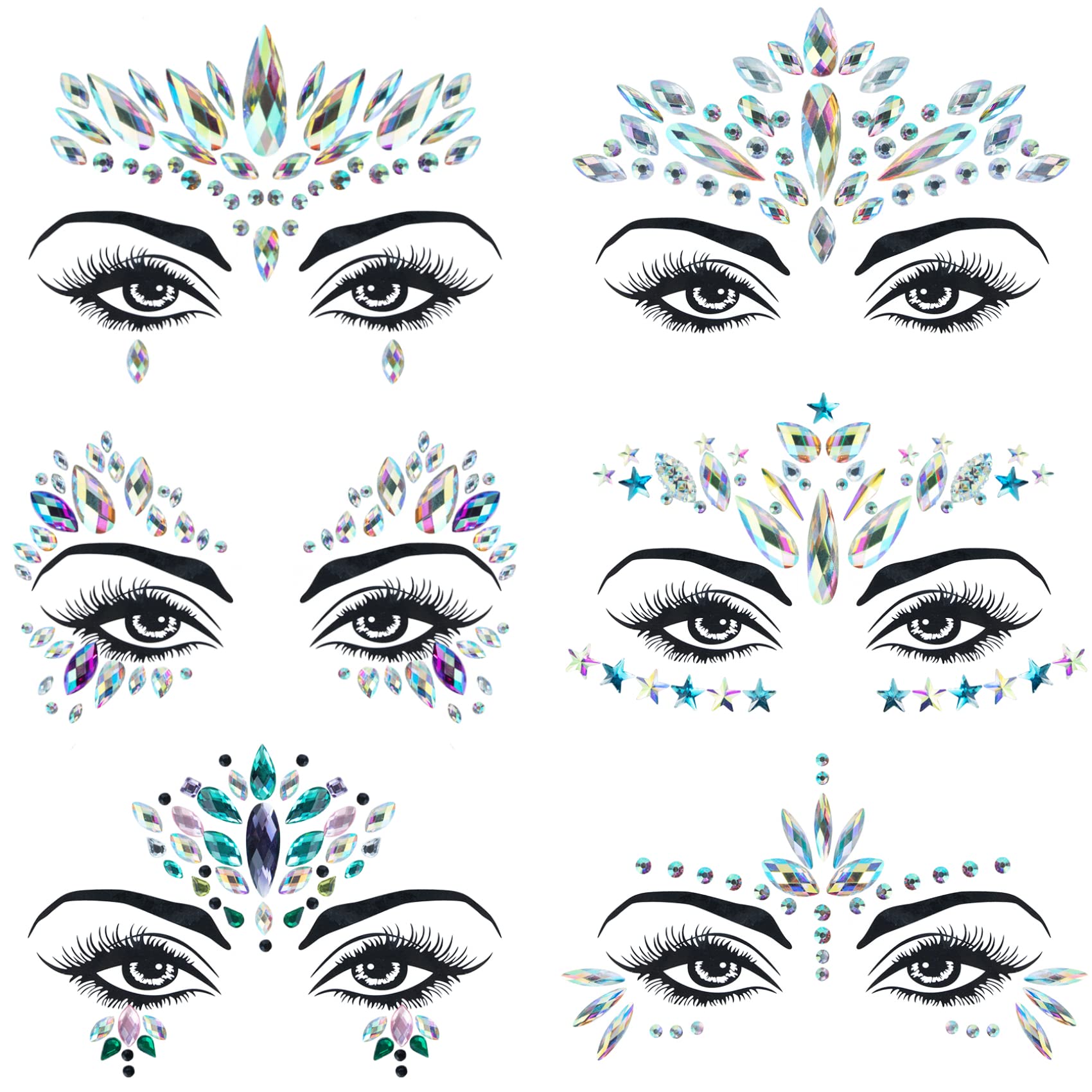 4 Sets Mermaid Face Gems Rhinestone Festival Jewels Crystals Temporary Tattoos