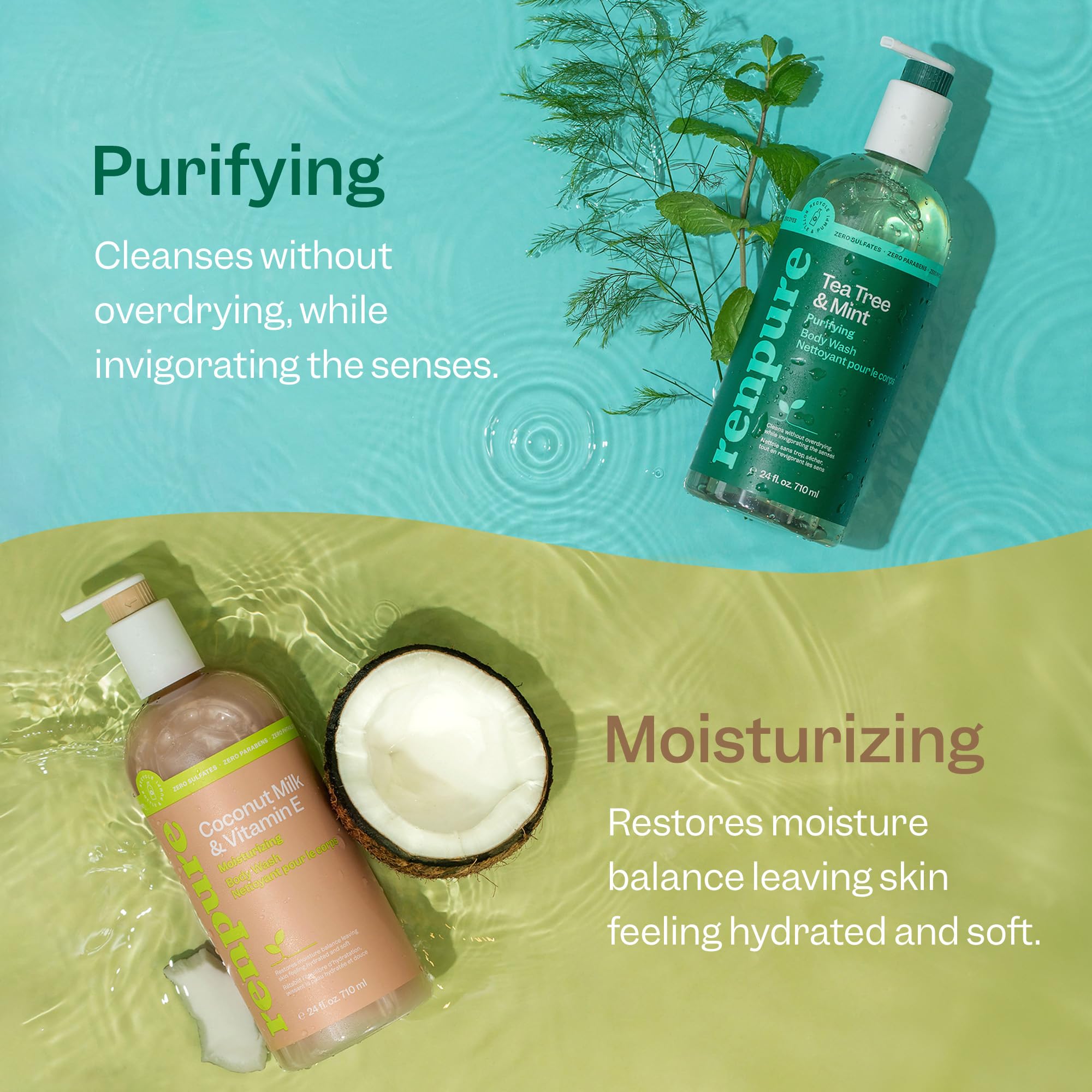 RENPURE LLC Tea Tree Mint Oil & Coconut Vitamin E, Sulfate Free Moisturizing Body Wash For Dry Sensitive Skin, Antibacterial Body & Hand Soap For Men Women Kids & Toddlers, White, 24 Oz