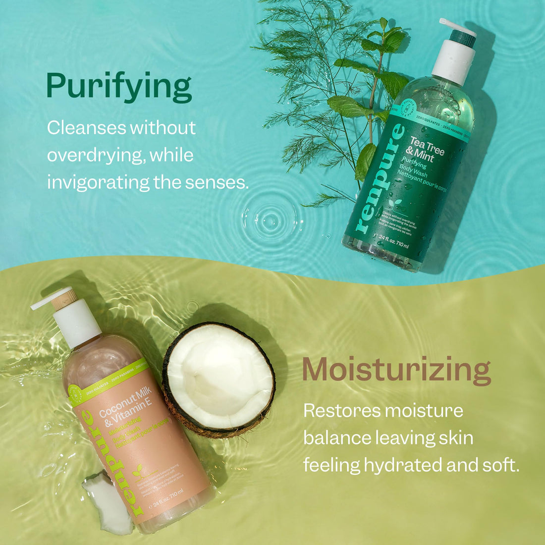 RENPURE LLC Tea Tree Mint Oil & Coconut Vitamin E, Sulfate Free Moisturizing Body Wash For Dry Sensitive Skin, Antibacterial Body & Hand Soap For Men Women Kids & Toddlers, White, 24 Oz