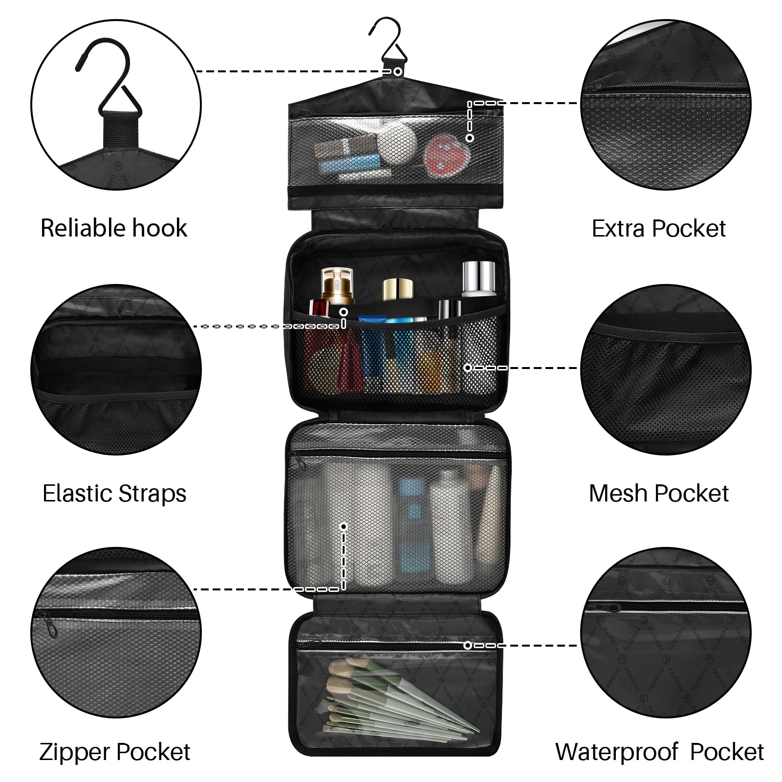 Toiletry Bag Travel Bag with Hanging Hook Tropical Pink Flamingos Pineapples Hibiscus Bouquets Palm Leaves Makeup Cosmetic Bag Travel Organizer Water-resistant for Toiletries Accessories Shampoo Fu