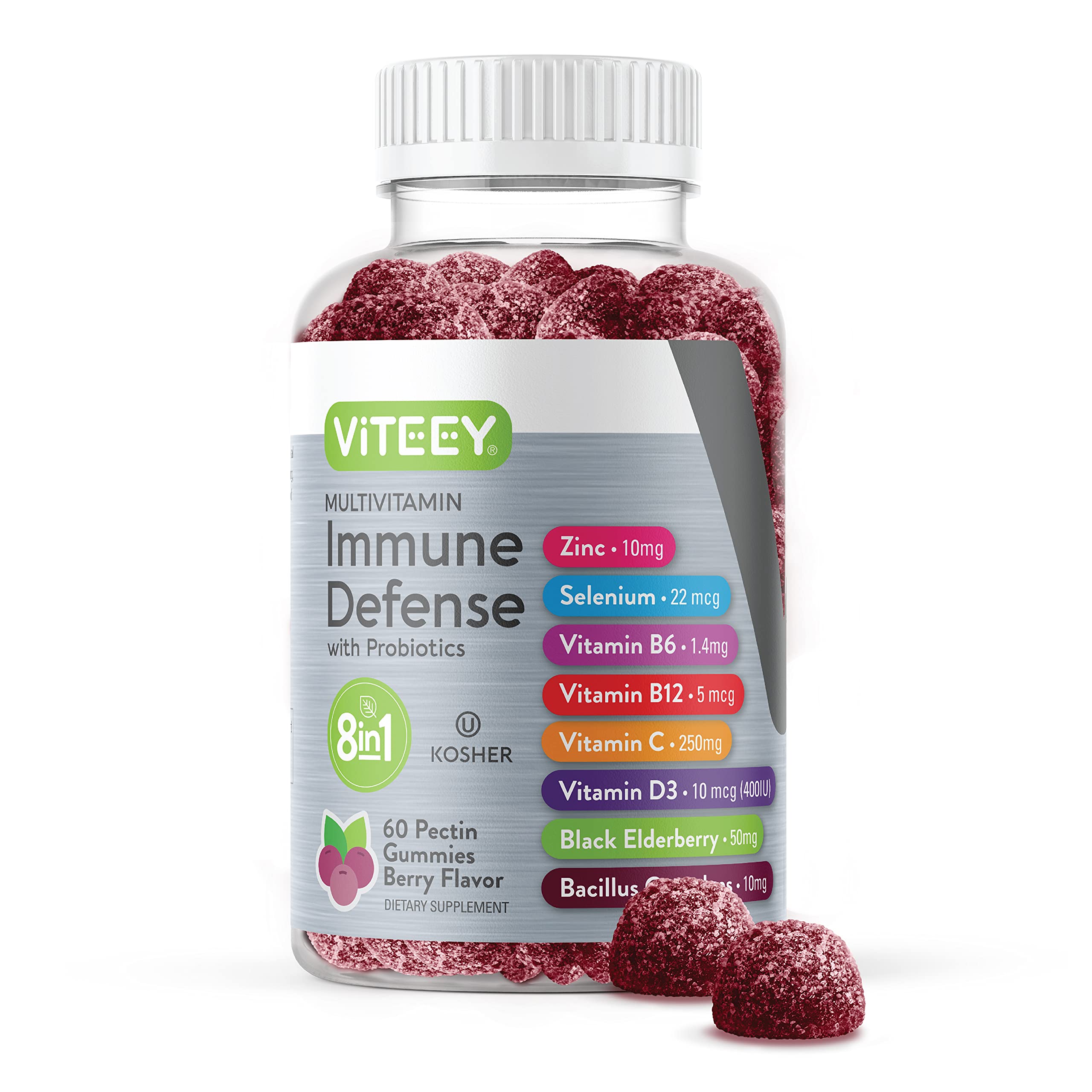 Multivitamin Gummies 8 in 1 Immune Support Supplement with Probiotics - Immune Boosters for Adults & Teens - Vegetarian, Gelatin Free, GMO Free - Chewable Berry Flavored Pectin Immune Defense Gummy