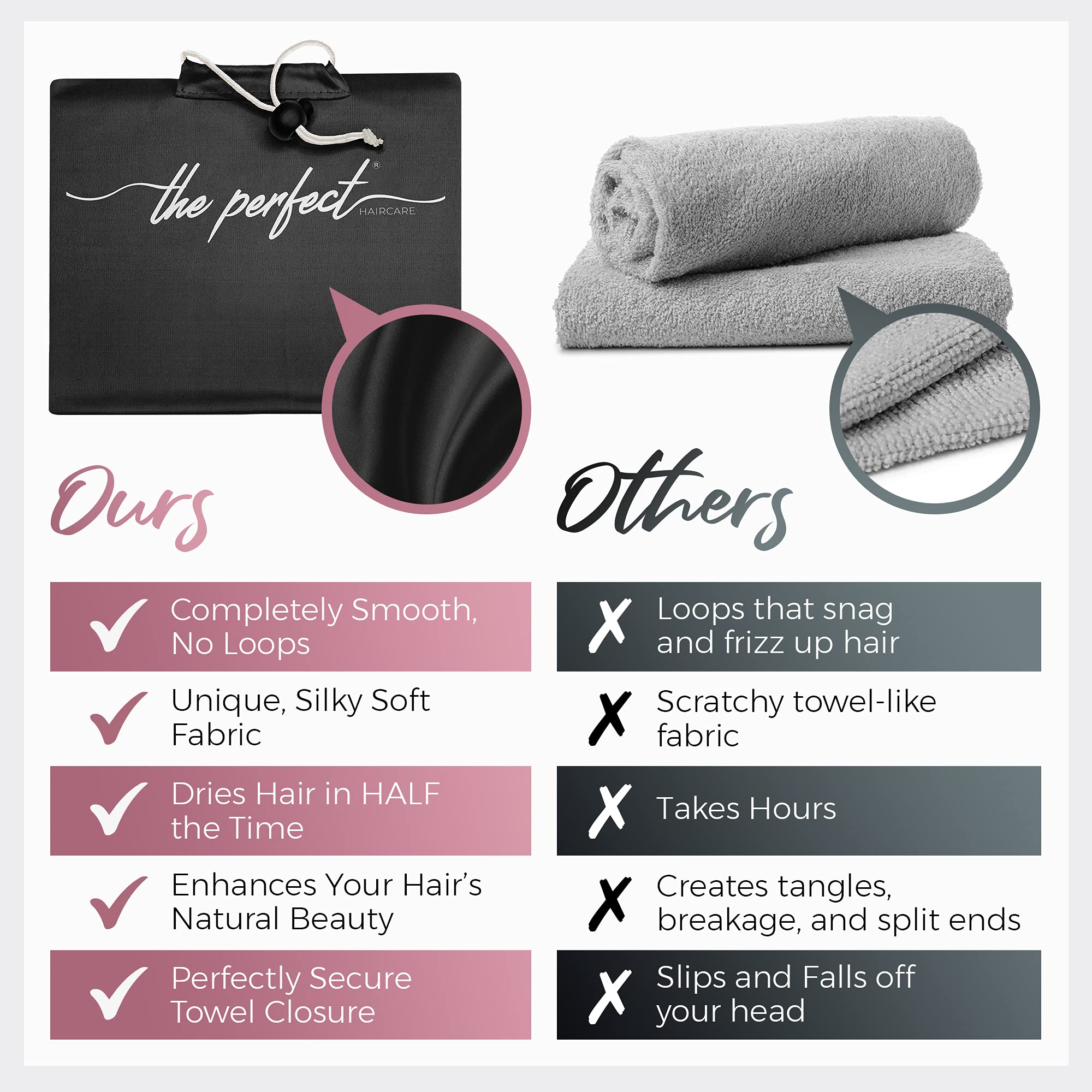 anti-frizz microfiber hair towel - never falls off - dries hair fast - free wet/dry brush