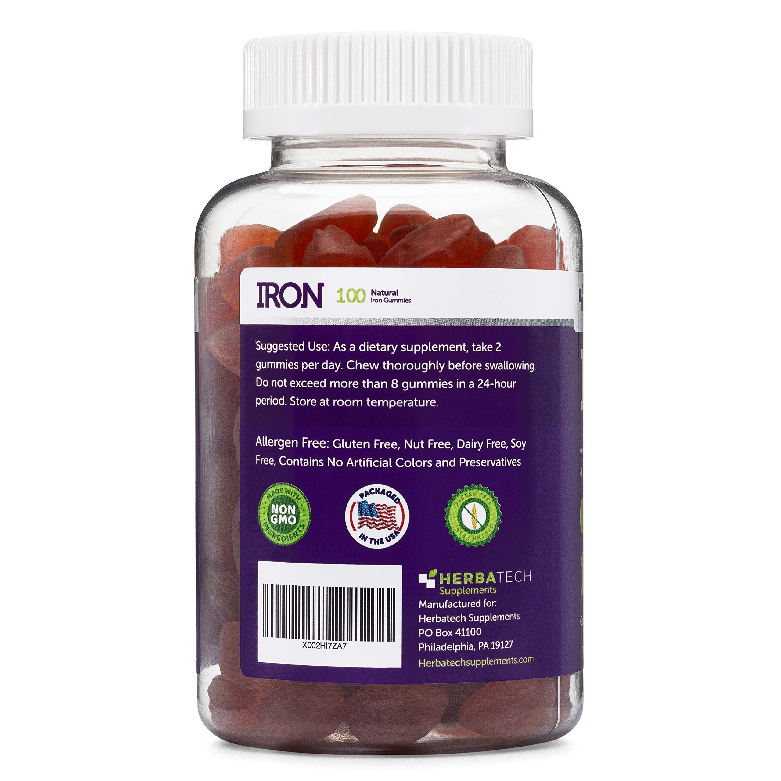 Iron Gummies for Adults and Kids, Chewable Multivitamin Supplement with Iron, Vitamin C, A, B, Zinc, Folic Acid, and Biotin (Grape Flavored) Vegan Safe, Made in The USA from HERBATECH