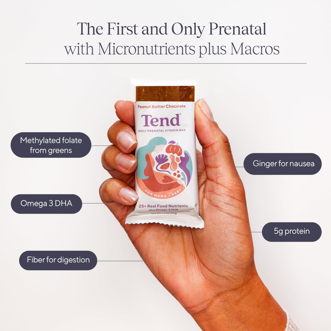 Tend Daily Best Prenatal Vitamin Bar, Made with Organic Ingredients for Pregnant & Postpartum Mothers, Includes DHA, Vitamin D, Folate, Sunflower Lecithin, Peanut Butter Chocolate Flavor (7 ct)