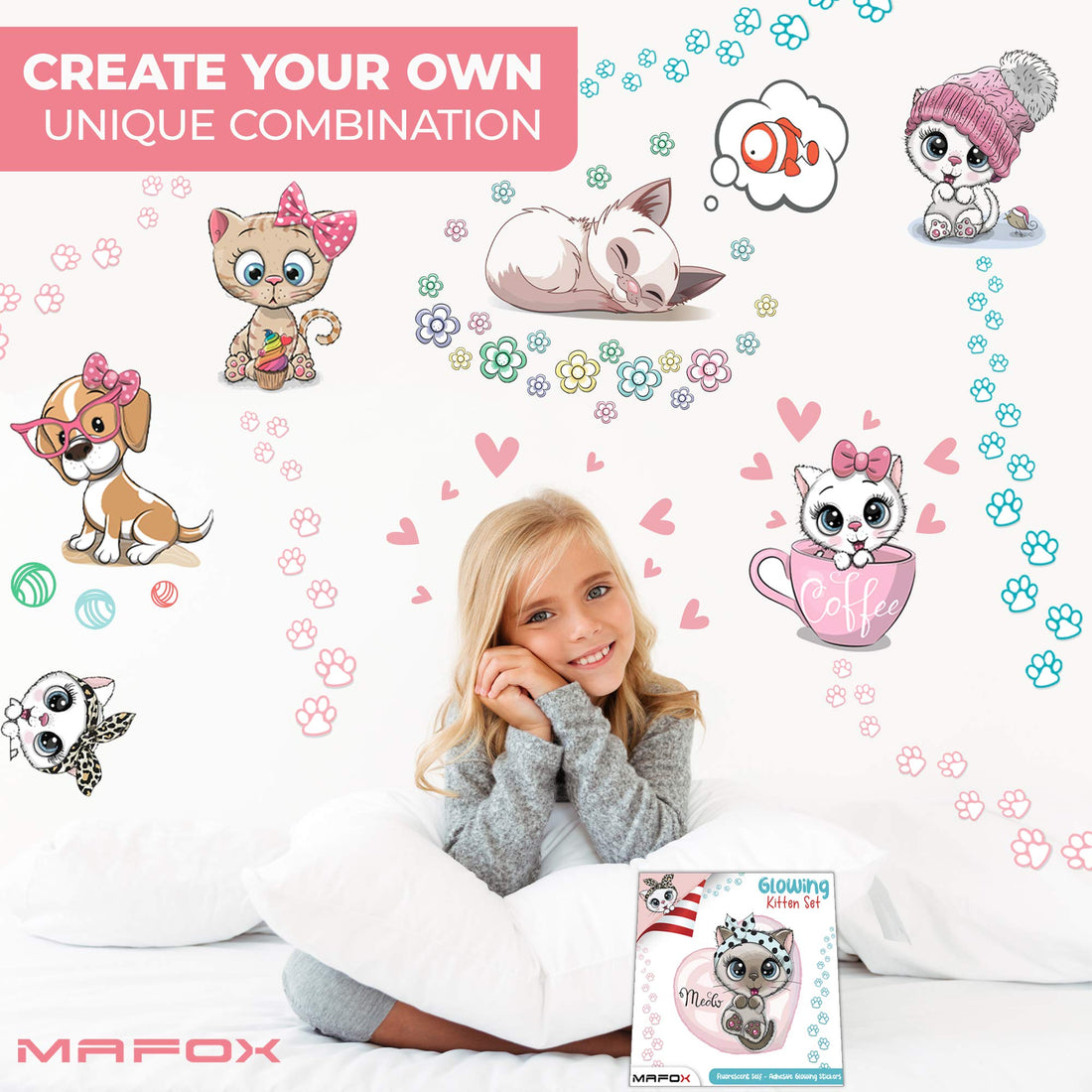 Glow in The Dark Cat Stickers with Dog and Fish, Wall Decals Sticker for Kids Bedding Room, Great for Birthday Gift Glowing Cat for Girls and Boys