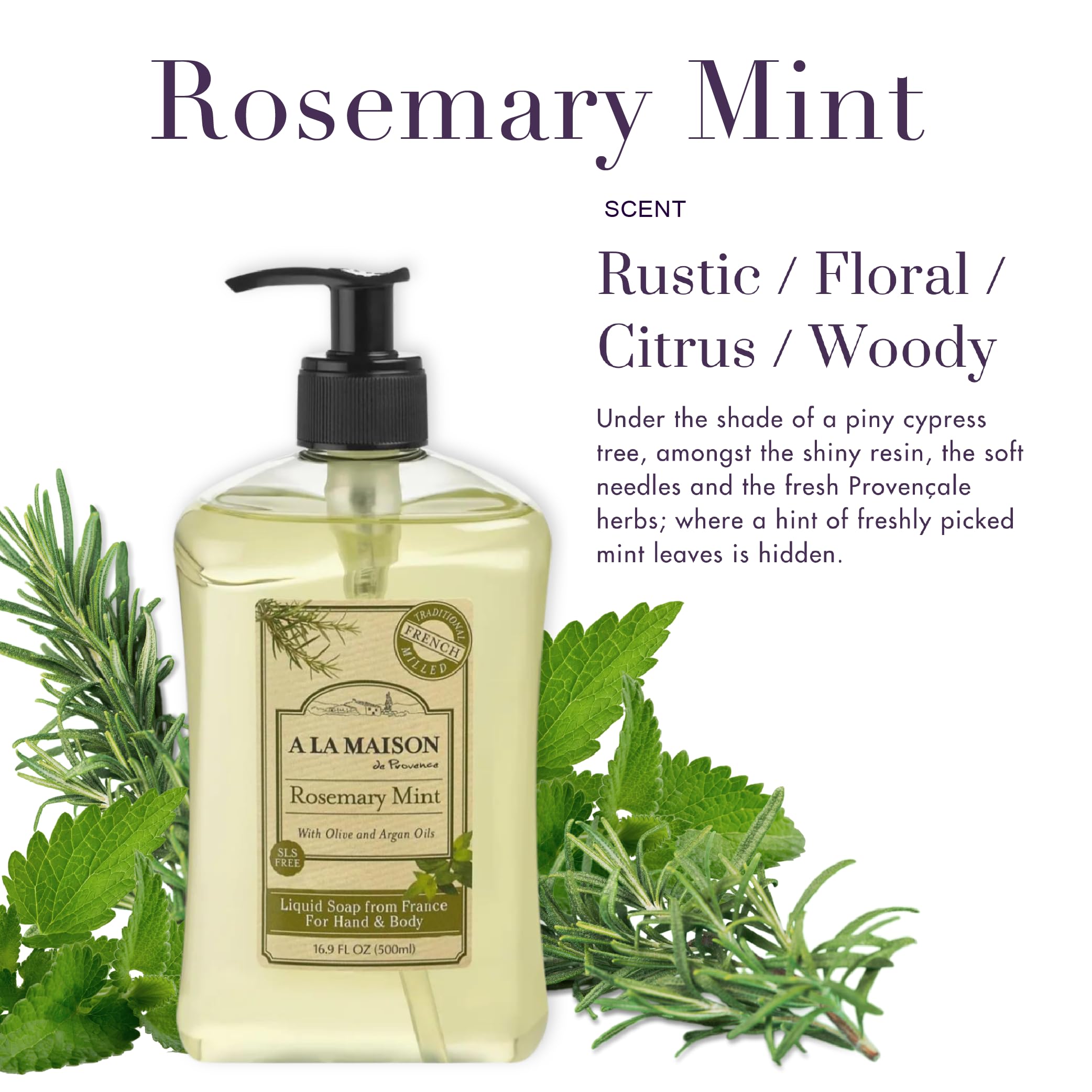 A La Maison de Provence Liquid Soap, Rosemary Mint, 16.9-Ounce Bottles (Pack of 3)