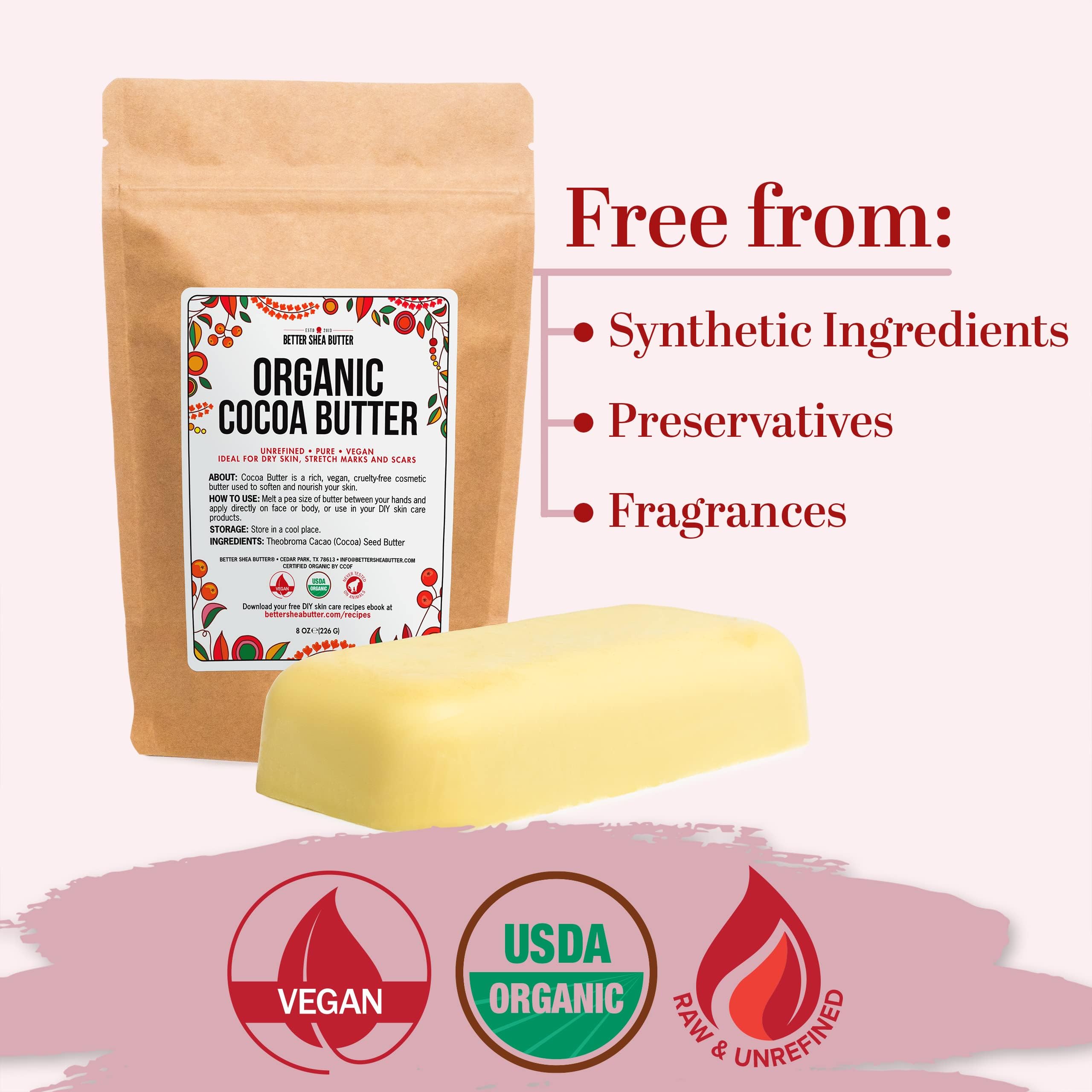 Organic Cocoa Butter Raw Unrefined - Food Grade USDA Certified - for Scars, Stretch Marks Cream - 100% Cocoa Butter Raw Organic for Skin Moisturizer, Lip Balm 8 oz