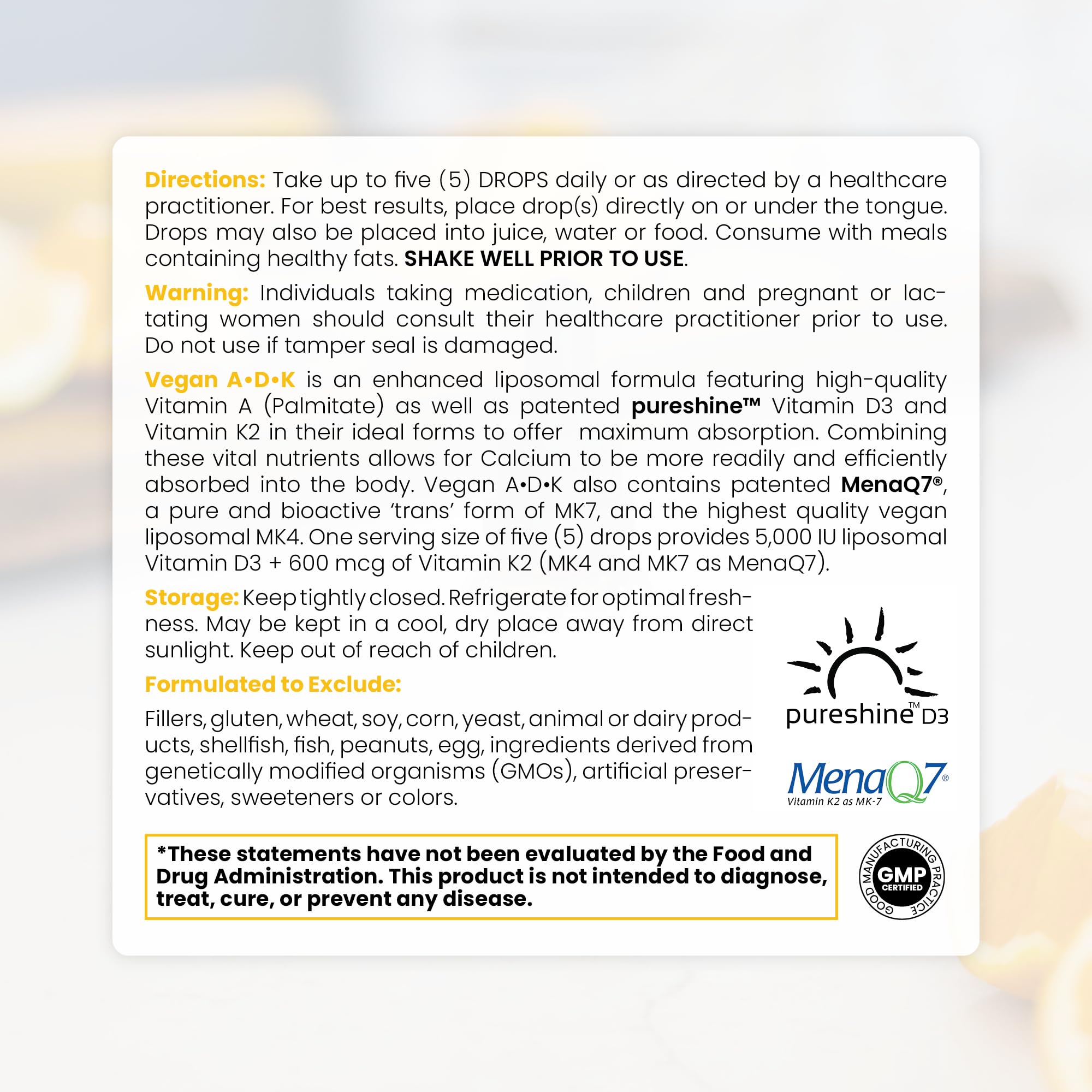 Pure TheraPro Rx Vegan A-D-K Drops 10 Ml, Made in USA | 3 Month Supply | Vitamin A (Palmitate), Liposomal Vitamin D3 (Pureshine), Liposomal Vitamin K2 (MK-4 & MK-7) Supports Immunity & Bone Health