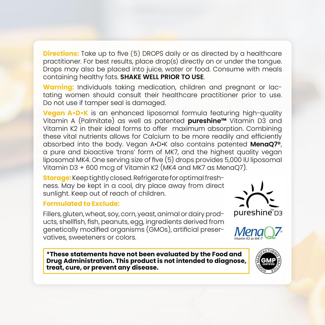 Pure TheraPro Rx Vegan A-D-K Drops 10 Ml, Made in USA | 3 Month Supply | Vitamin A (Palmitate), Liposomal Vitamin D3 (Pureshine), Liposomal Vitamin K2 (MK-4 & MK-7) Supports Immunity & Bone Health