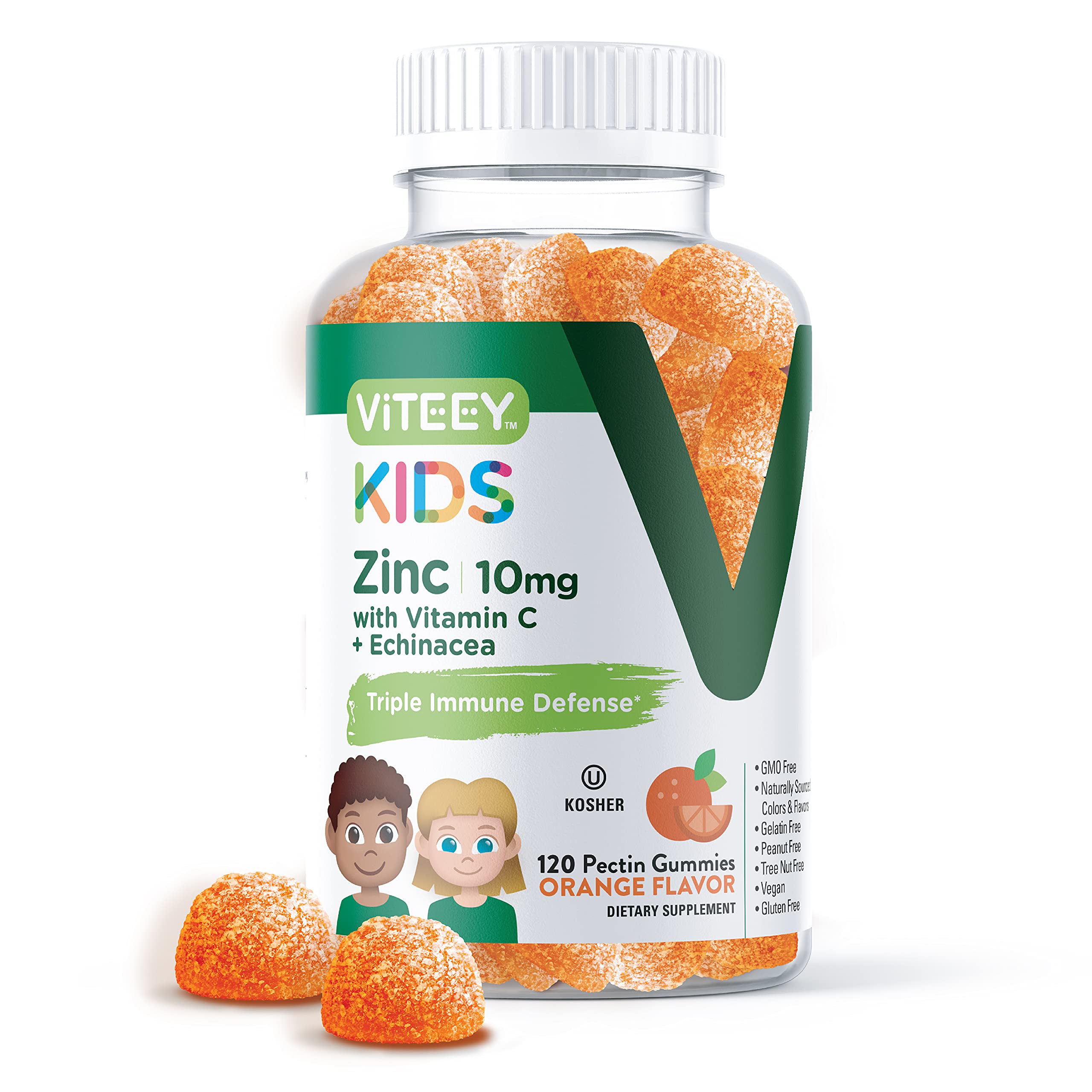 Zinc for Kids Gummies 10mg, with Vitamin C & Echinacea for Kids - Immune Support, Powerful Natural Antioxidant, Kids Zinc Vitamin Supplement - Vegan, Gelatin Free - Tasty Chewable Orange Flavor Gummy