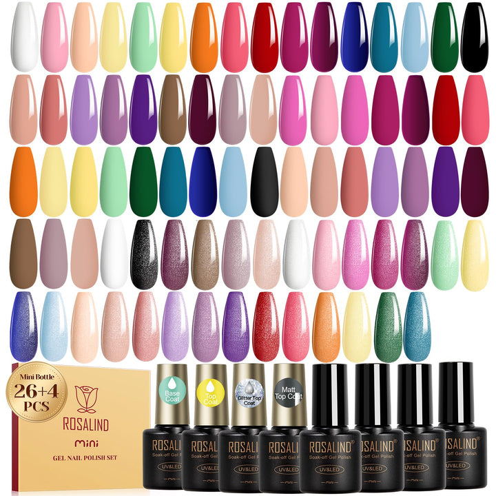 ROSALIND 30pcs Gel Nail Polish Set, 26 Colors Gel Polish with 3Pcs Glossy Matte Glitter Top Coat and Base Coat All Seasons Nude Blue Red Nails art Kit DIY Salon at Home